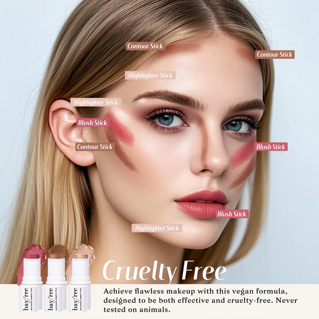 KIMUSE Face Sticks Trio, Cream Blush Stick & Highlighter Stick & Contour Stick for Sculpt the Cheeks, Long Lasting Cream Contour Stick Trio for Face Makeup, with Brush - TrustMedUSA