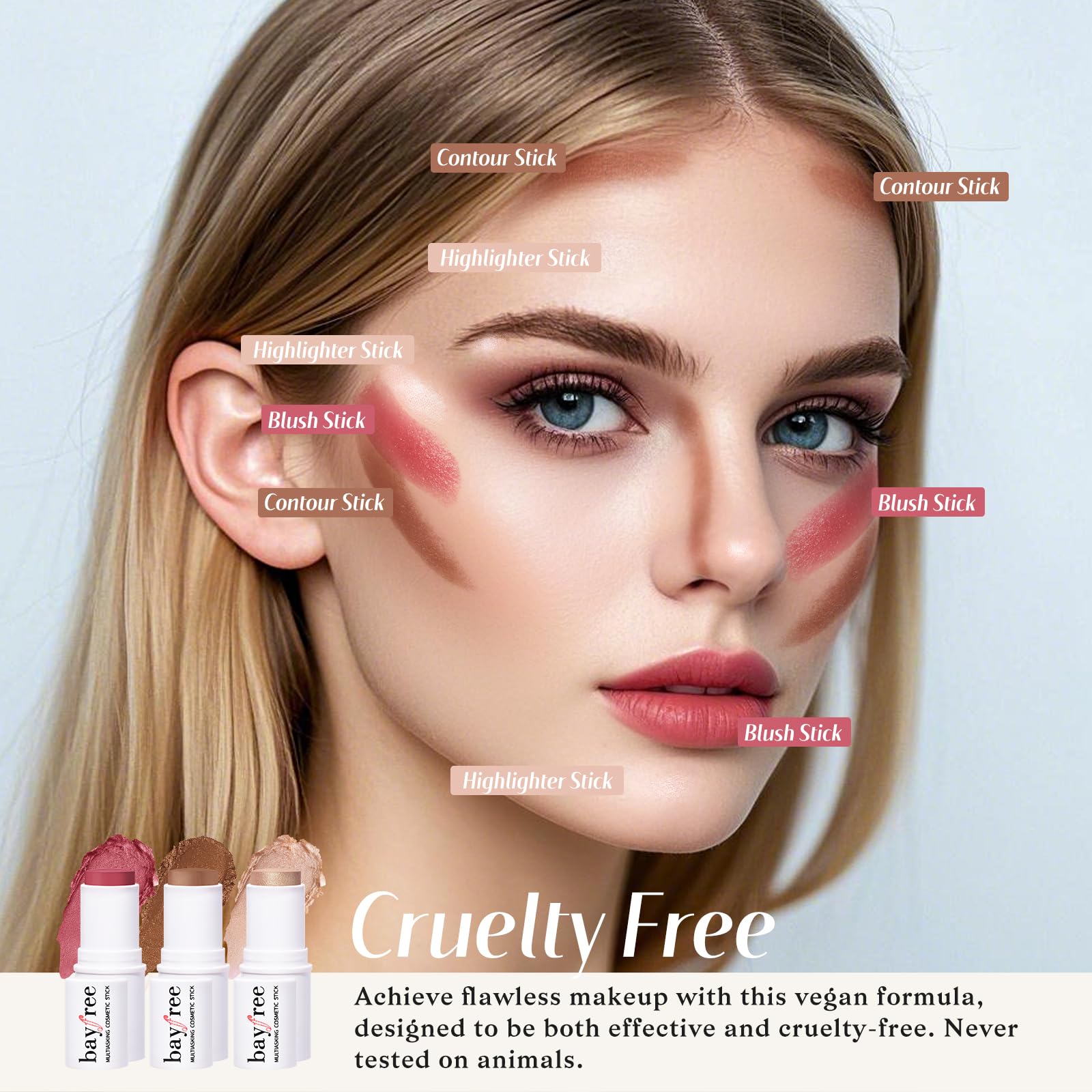 KIMUSE Face Sticks Trio, Cream Blush Stick & Highlighter Stick & Contour Stick for Sculpt the Cheeks, Long Lasting Cream Contour Stick Trio for Face Makeup, with Brush - TrustMedUSA