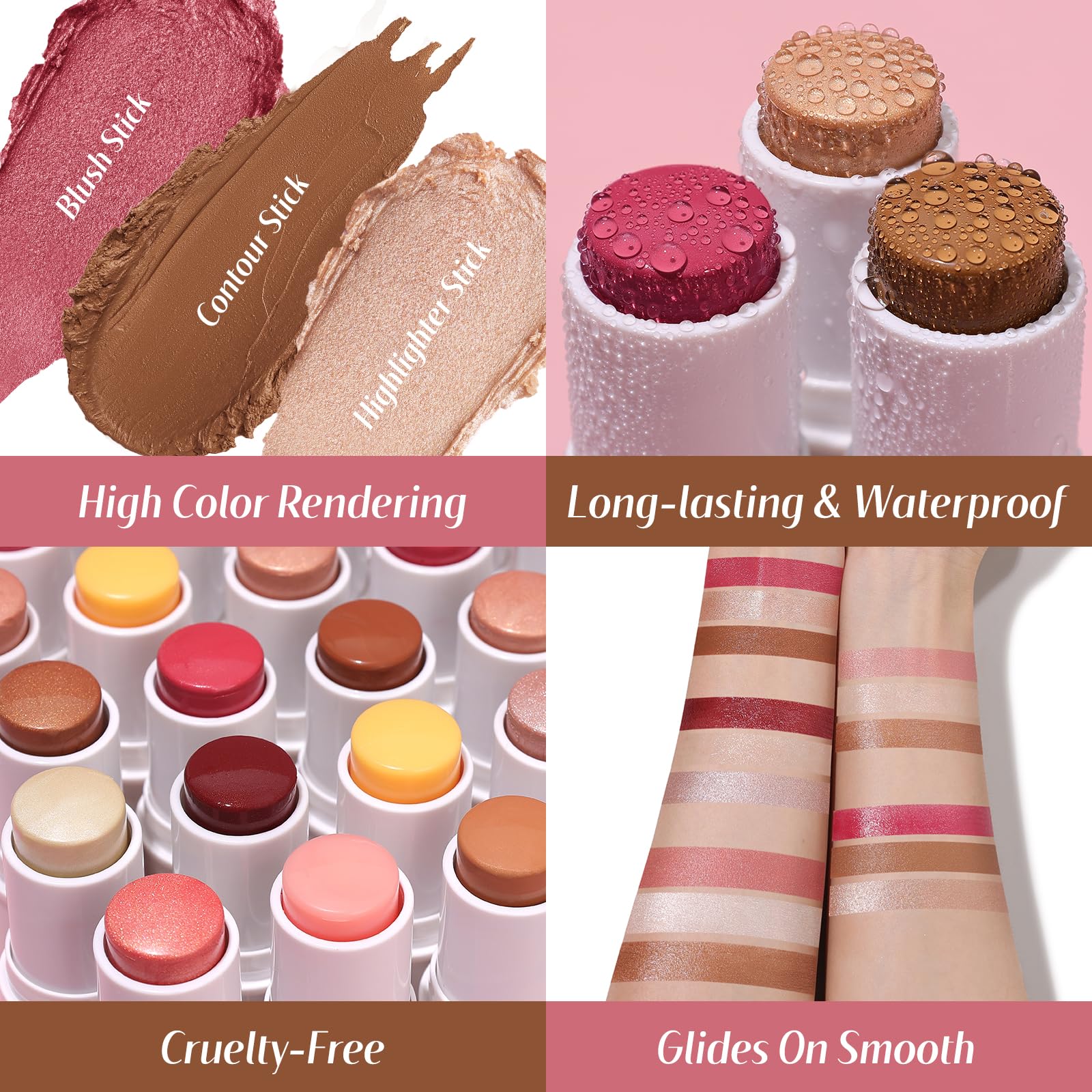 KIMUSE Face Sticks Trio, Cream Blush Stick & Highlighter Stick & Contour Stick for Sculpt the Cheeks, Long Lasting Cream Contour Stick Trio for Face Makeup, with Brush - TrustMedUSA