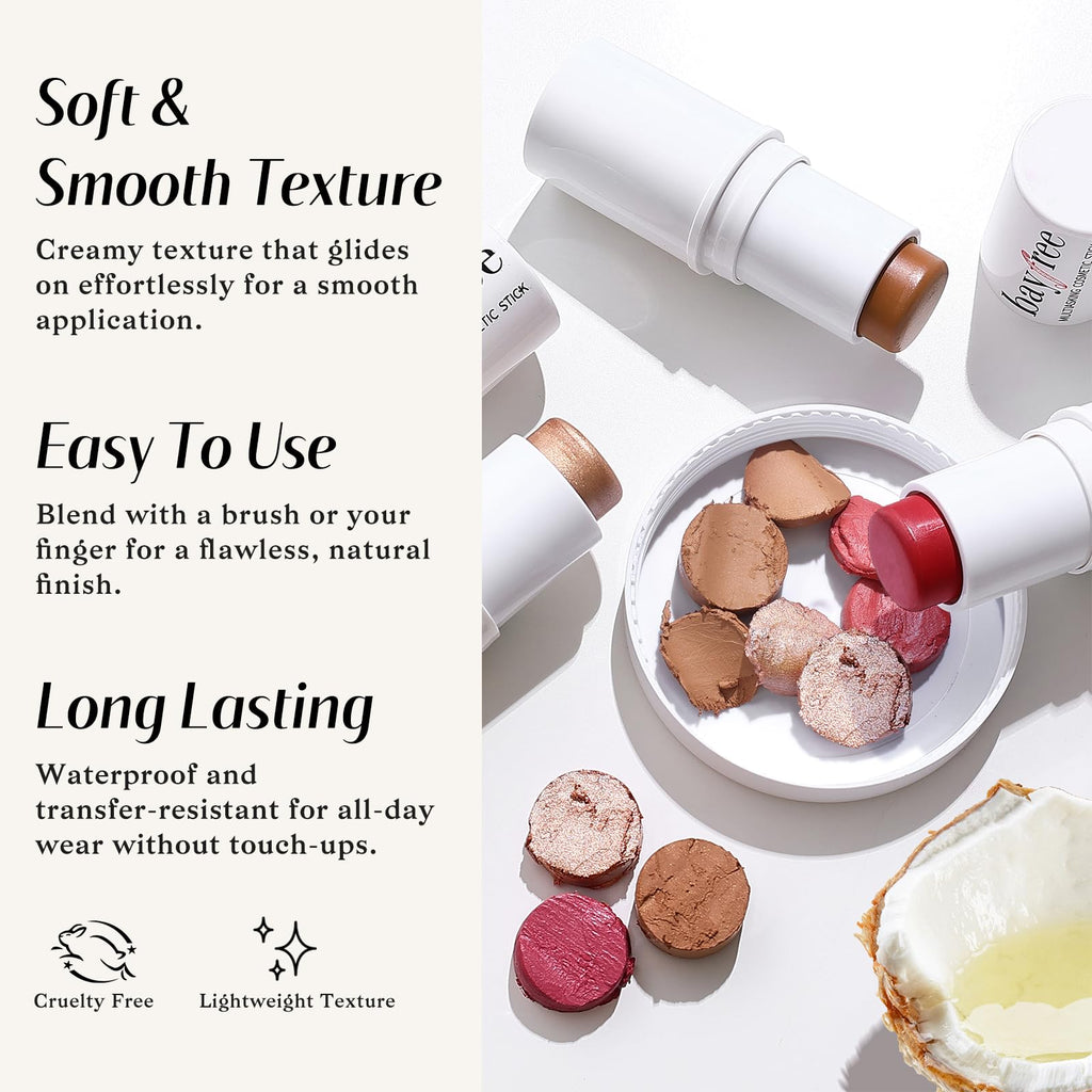 KIMUSE Face Sticks Trio, Cream Blush Stick & Highlighter Stick & Contour Stick for Sculpt the Cheeks, Long Lasting Cream Contour Stick Trio for Face Makeup, with Brush - TrustMedUSA