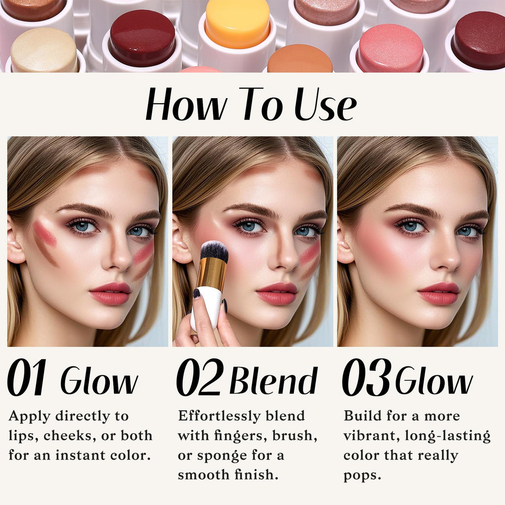 KIMUSE Face Sticks Trio, Cream Blush Stick & Highlighter Stick & Contour Stick for Sculpt the Cheeks, Long Lasting Cream Contour Stick Trio for Face Makeup, with Brush - TrustMedUSA