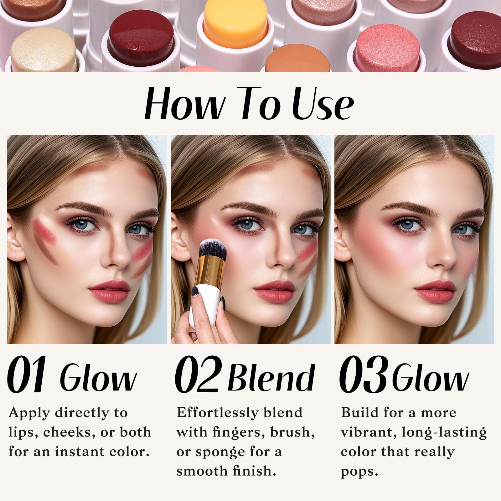 KIMUSE Face Sticks Trio, Cream Blush Stick & Highlighter Stick & Contour Stick for Sculpt the Cheeks, Long Lasting Cream Contour Stick Trio for Face Makeup, with Brush - TrustMedUSA
