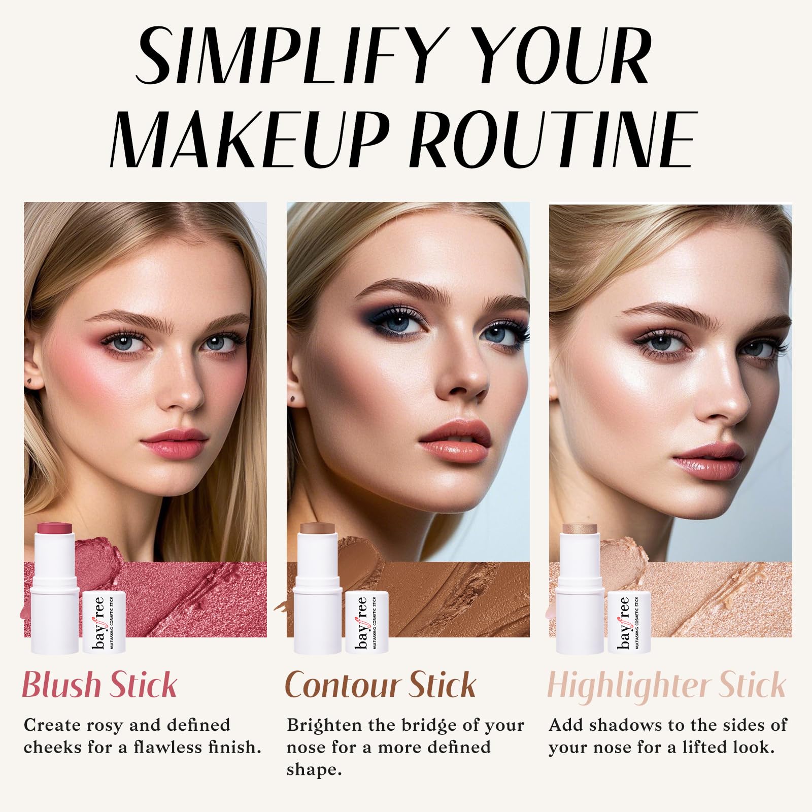 KIMUSE Face Sticks Trio, Cream Blush Stick & Highlighter Stick & Contour Stick for Sculpt the Cheeks, Long Lasting Cream Contour Stick Trio for Face Makeup, with Brush - TrustMedUSA
