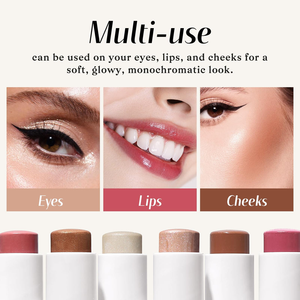 KIMUSE Face Sticks Trio, Cream Blush Stick & Highlighter Stick & Contour Stick for Sculpt the Cheeks, Long Lasting Cream Contour Stick Trio for Face Makeup, with Brush - TrustMedUSA