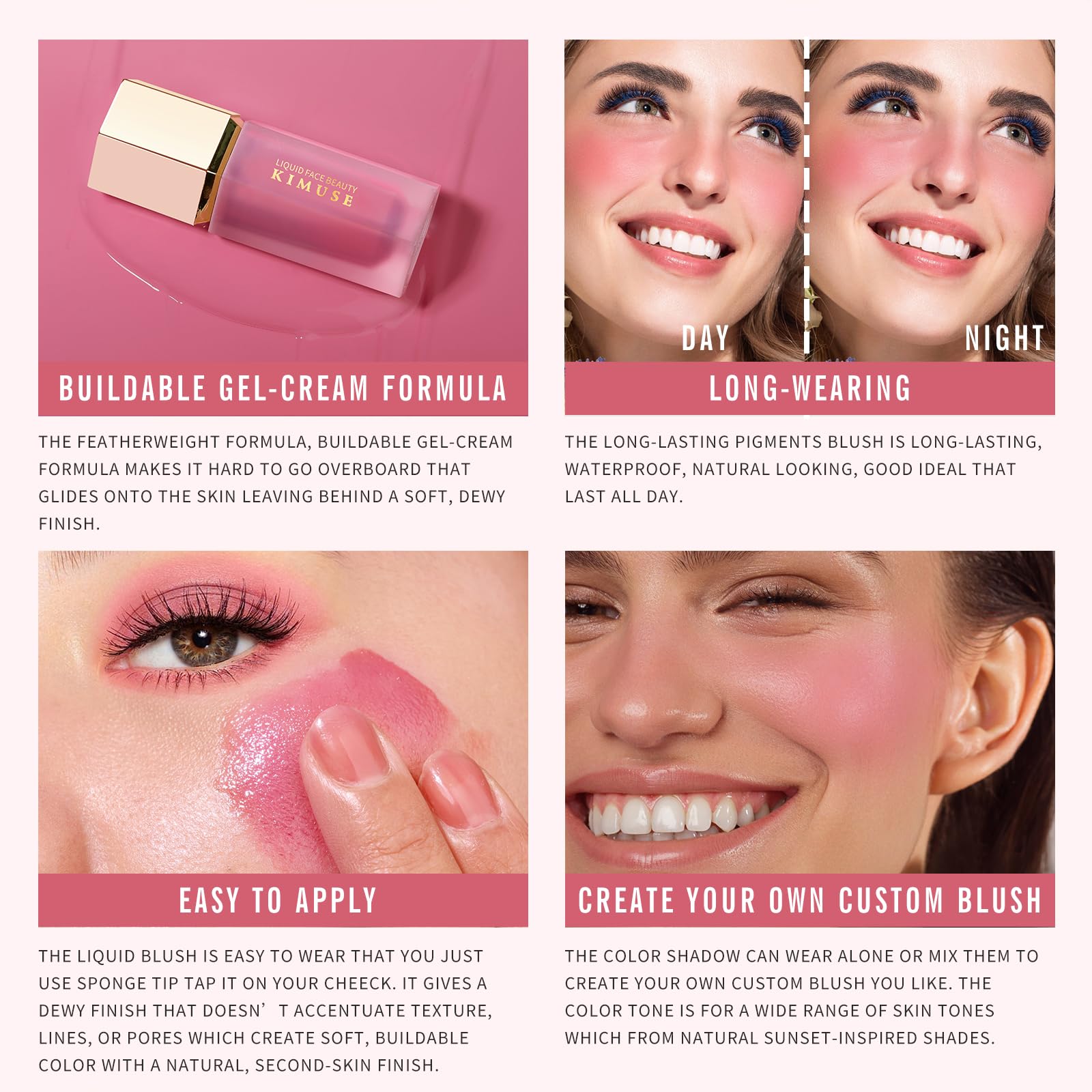 KIMUSE Liquid Blush, Long-Wearing Pigmented Soft Cream Face Blush, Waterproof, Smudge Proof, Dewy Finish - TrustMedUSA