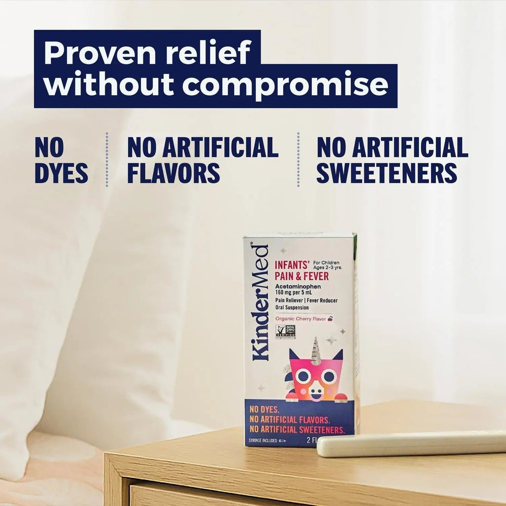 KinderMed Infants' Pain & Fever Medicine, No Dyes, No Artificial Flavors, No Artificial Sweeteners, Vegan, Non-GMO, Gluten Free, Organic Cherry Flavor, Two Pack, 2 x 2 fl. oz - TrustMedUSA