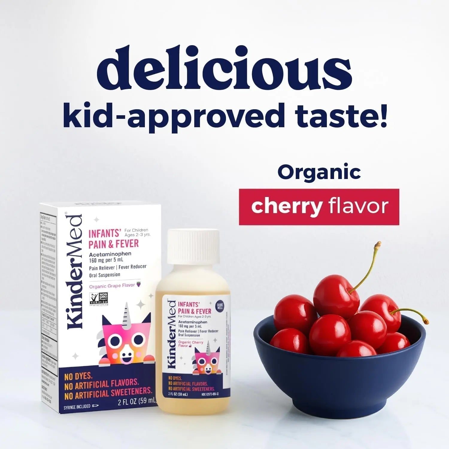KinderMed Infants' Pain & Fever Medicine, No Dyes, No Artificial Flavors, No Artificial Sweeteners, Vegan, Non-GMO, Gluten Free, Organic Cherry Flavor, Two Pack, 2 x 2 fl. oz - TrustMedUSA