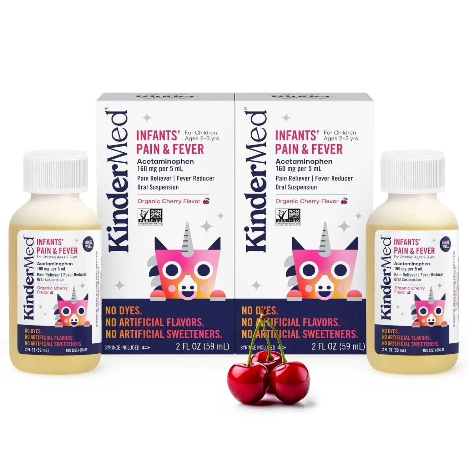 KinderMed Infants' Pain & Fever Medicine, No Dyes, No Artificial Flavors, No Artificial Sweeteners, Vegan, Non-GMO, Gluten Free, Organic Cherry Flavor, Two Pack, 2 x 2 fl. oz - TrustMedUSA