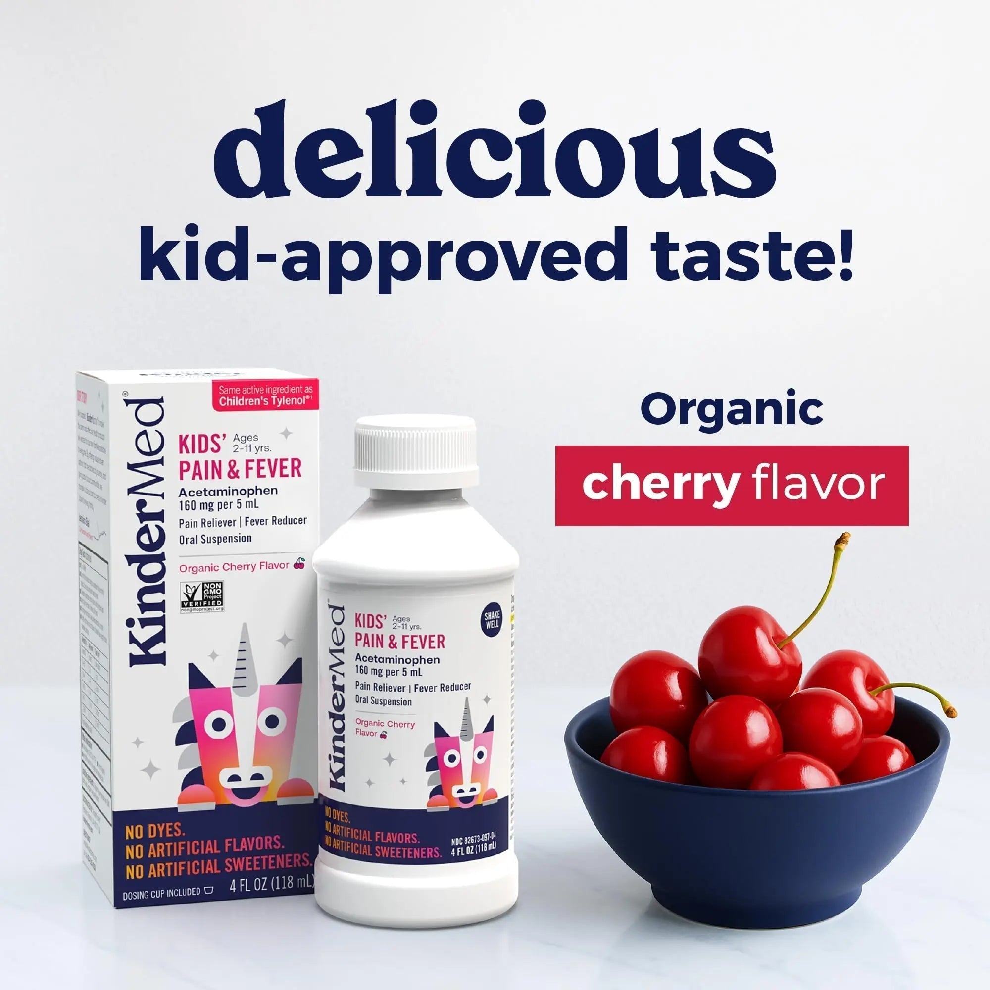KinderMed Kids' Pain & Fever Medicine, for Ages 2-11 Years, No Dyes, No Artificial Flavors, No Artificial Sweeteners, Vegan, Non-GMO, Gluten Free, Organic Cherry Flavor, Two Pack, 2 x 4 fl. oz - TrustMedUSA