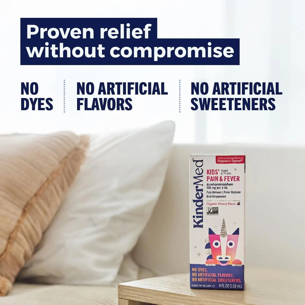 KinderMed Kids' Pain & Fever Medicine, for Ages 2-11 Years, No Dyes, No Artificial Flavors, No Artificial Sweeteners, Vegan, Non-GMO, Gluten Free, Organic Cherry Flavor, Two Pack, 2 x 4 fl. oz - TrustMedUSA