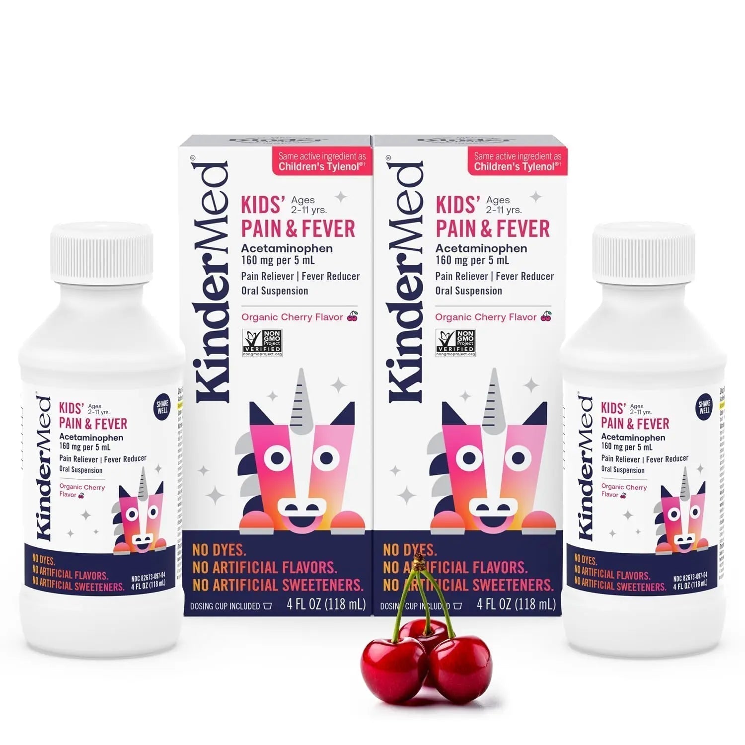 KinderMed Kids' Pain & Fever Medicine, for Ages 2-11 Years, No Dyes, No Artificial Flavors, No Artificial Sweeteners, Vegan, Non-GMO, Gluten Free, Organic Cherry Flavor, Two Pack, 2 x 4 fl. oz - TrustMedUSA