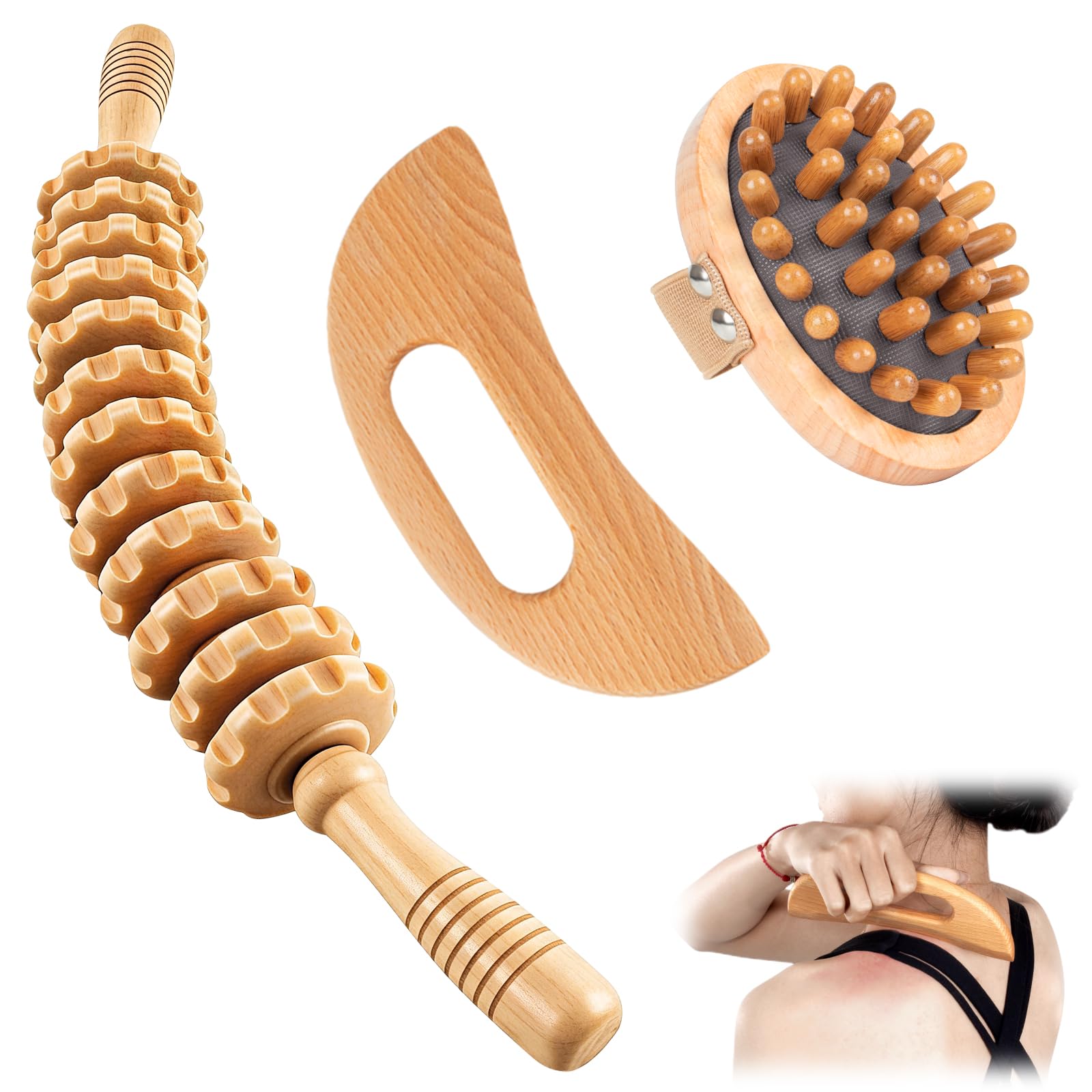 KintKita Wood Therapy Massage Tools 3 in 1,Wooden Lymphatic Drainage Massager, Body Sculpting Tools Cellulite Massager for Maderoterapia, Body Contouring, Relief Muscle, Anti-Cellulite - Maple Wellness Supplements