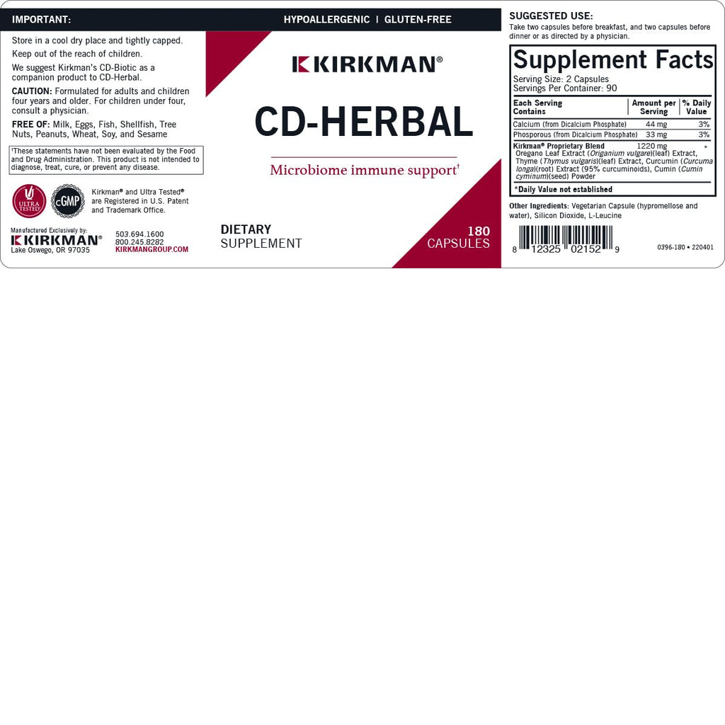 Kirkman CD-Herbal - Hypoallergenic -180 Vegetarian Capsules - TrustMedUSA