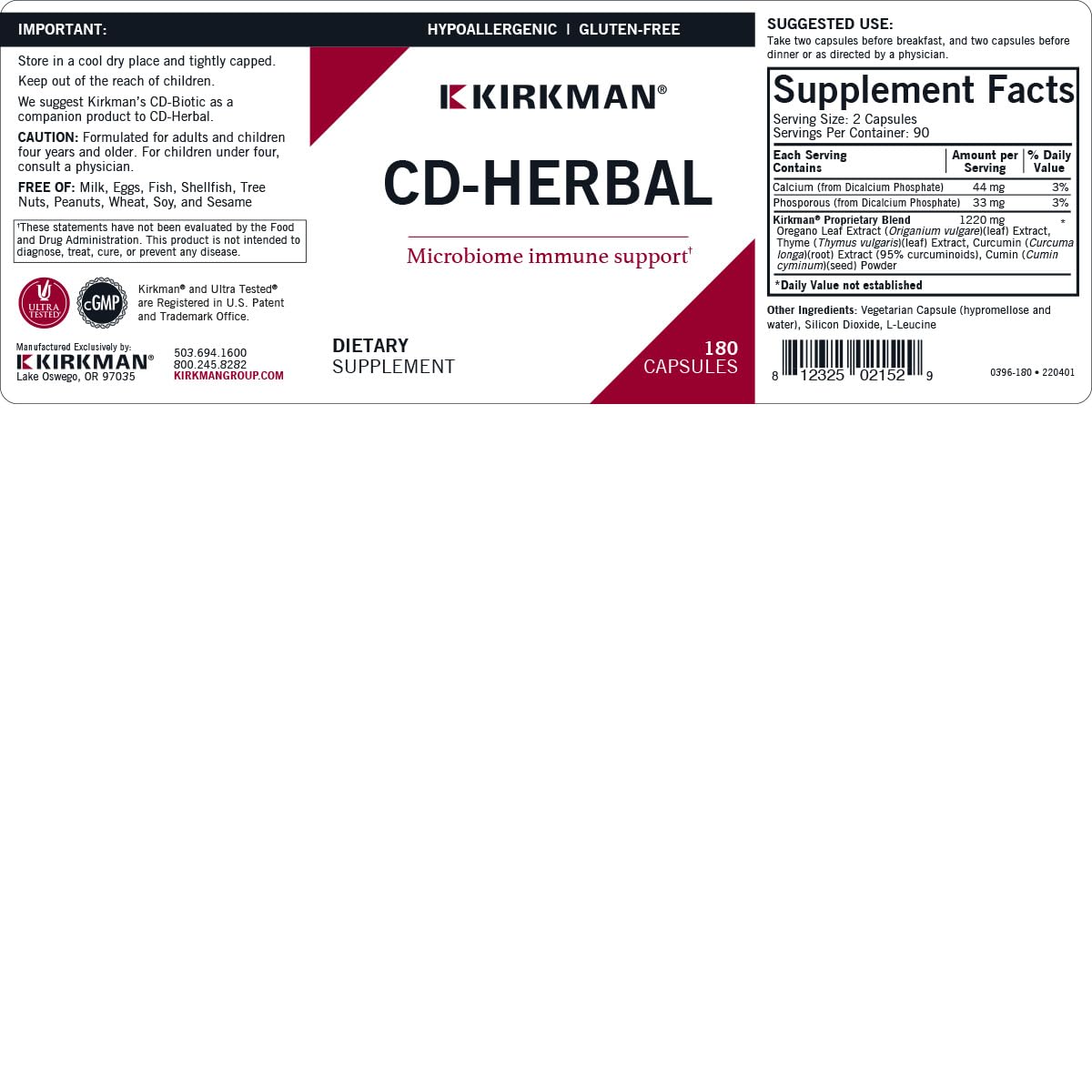 Kirkman CD-Herbal - Hypoallergenic -180 Vegetarian Capsules - TrustMedUSA