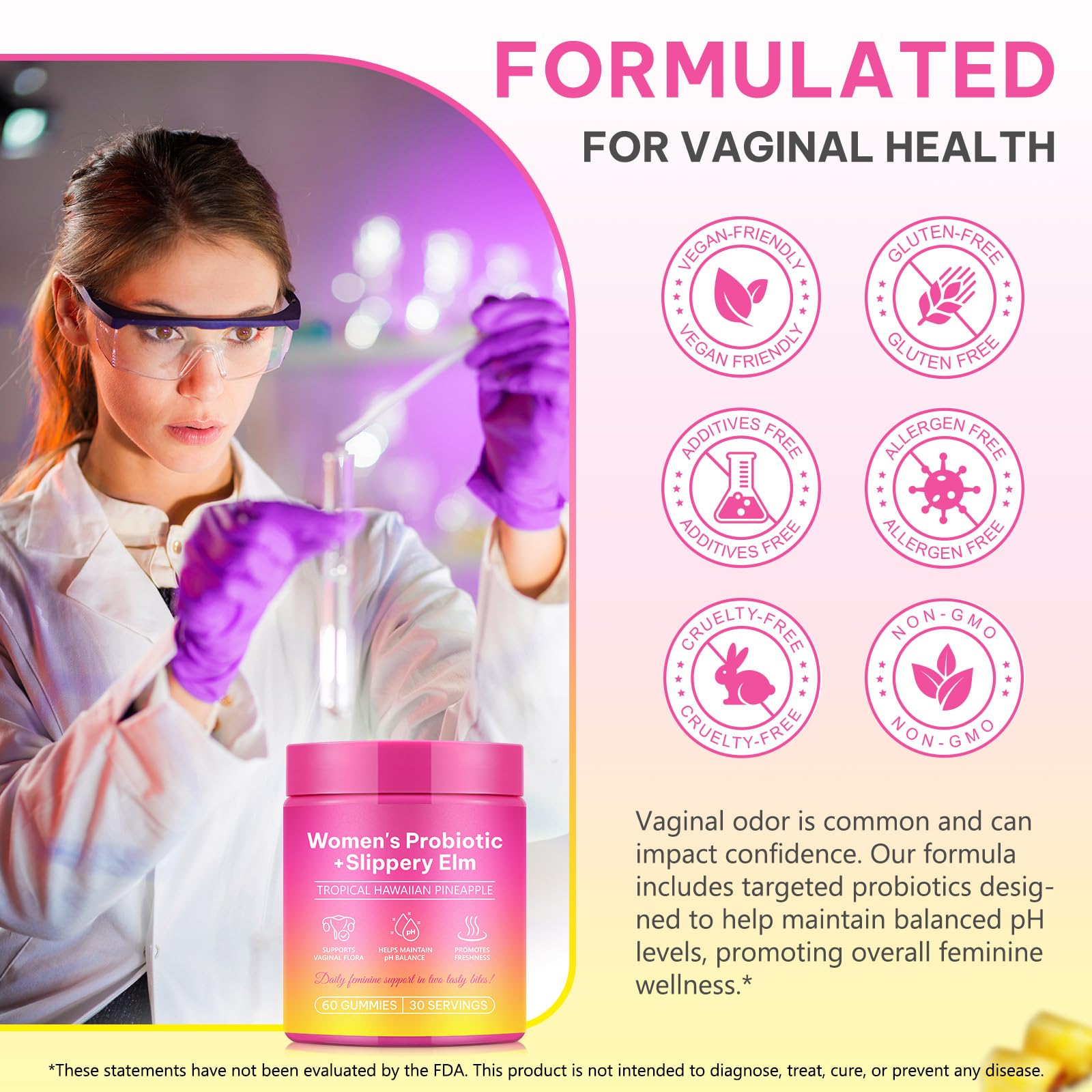 KITNOBLIS Feminine Probiotic Gummies with Slippery Elm- Pineapple Gummies for Women pH Balance, Gut Health & Immune Supports | with Prebiotics & Lactobacillus Blend (60 Gummies) - TrustMedUSA