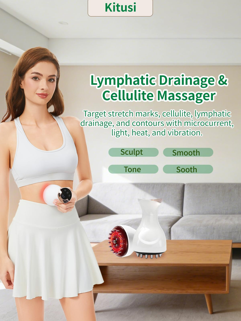 Kitusi Lymphatic Drainage Massager & Anti Cellulite Massage Tool, for Legs, Arms & Belly, Body,Helps Reduce Stretch Marks & Cellulite,with Microcurrent, Light Heat & Vibration - Maple Wellness Supplements