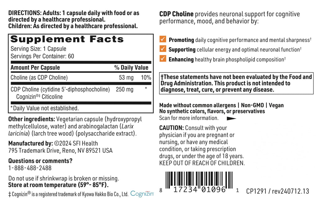 Klaire Labs SFI Health CDP Choline 250mg - Soy-Free Choline Supplements - Cognizin Citicoline to Help Support Memory, Focus & Attention - Bioavailable Active Form, Hypoallergenic (60 Capsules) - TrustMedUSA