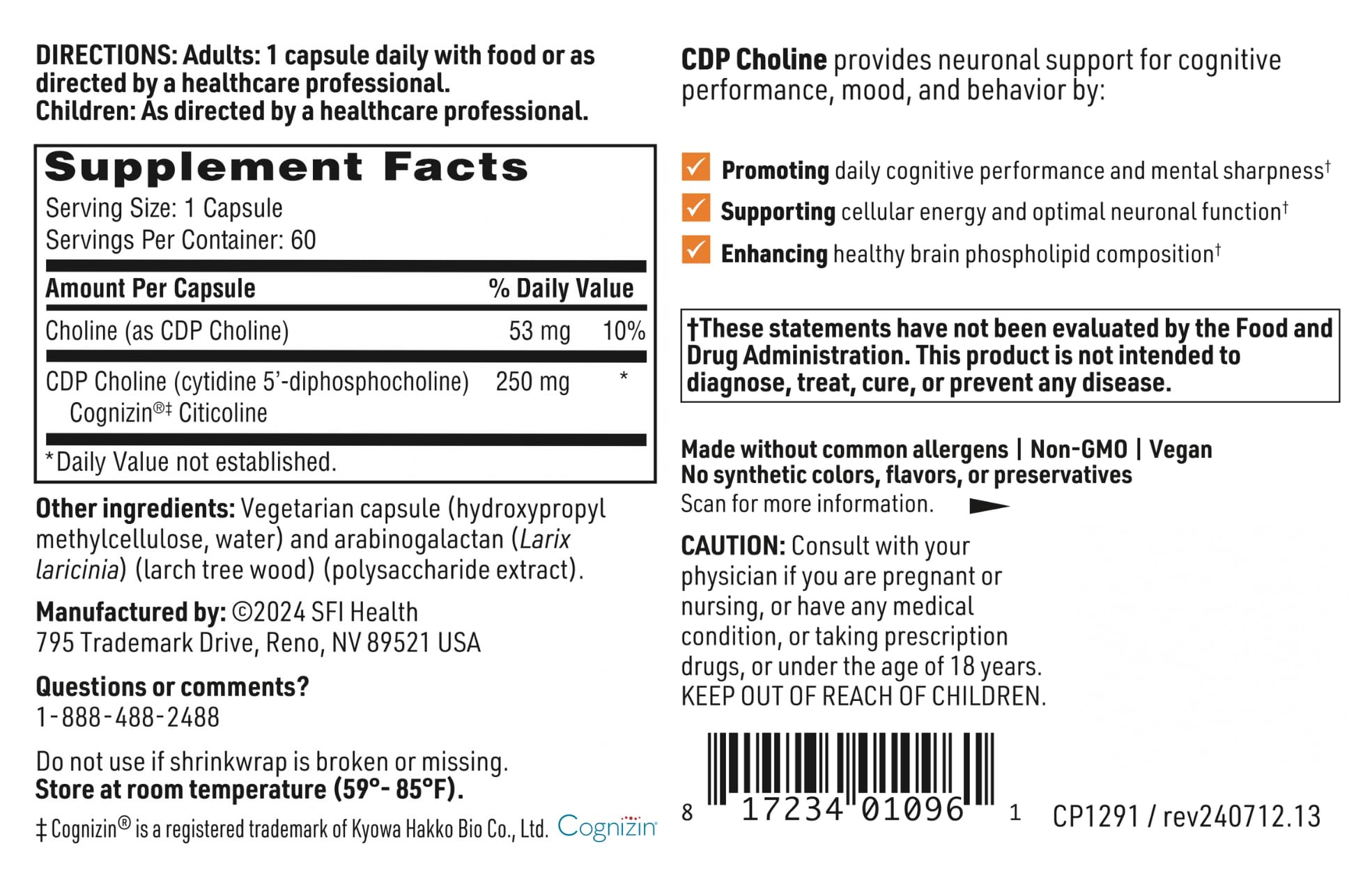 Klaire Labs SFI Health CDP Choline 250mg - Soy-Free Choline Supplements - Cognizin Citicoline to Help Support Memory, Focus & Attention - Bioavailable Active Form, Hypoallergenic (60 Capsules) - TrustMedUSA