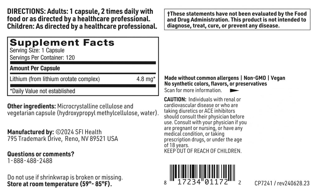 Klaire Labs SFI Health Lithium Orotate 4.8 mg - May Help Balance Mood - Bioavailable Lithium Orotate Supplement - Trace Minerals Promote Focus, Memory - TrustMedUSA