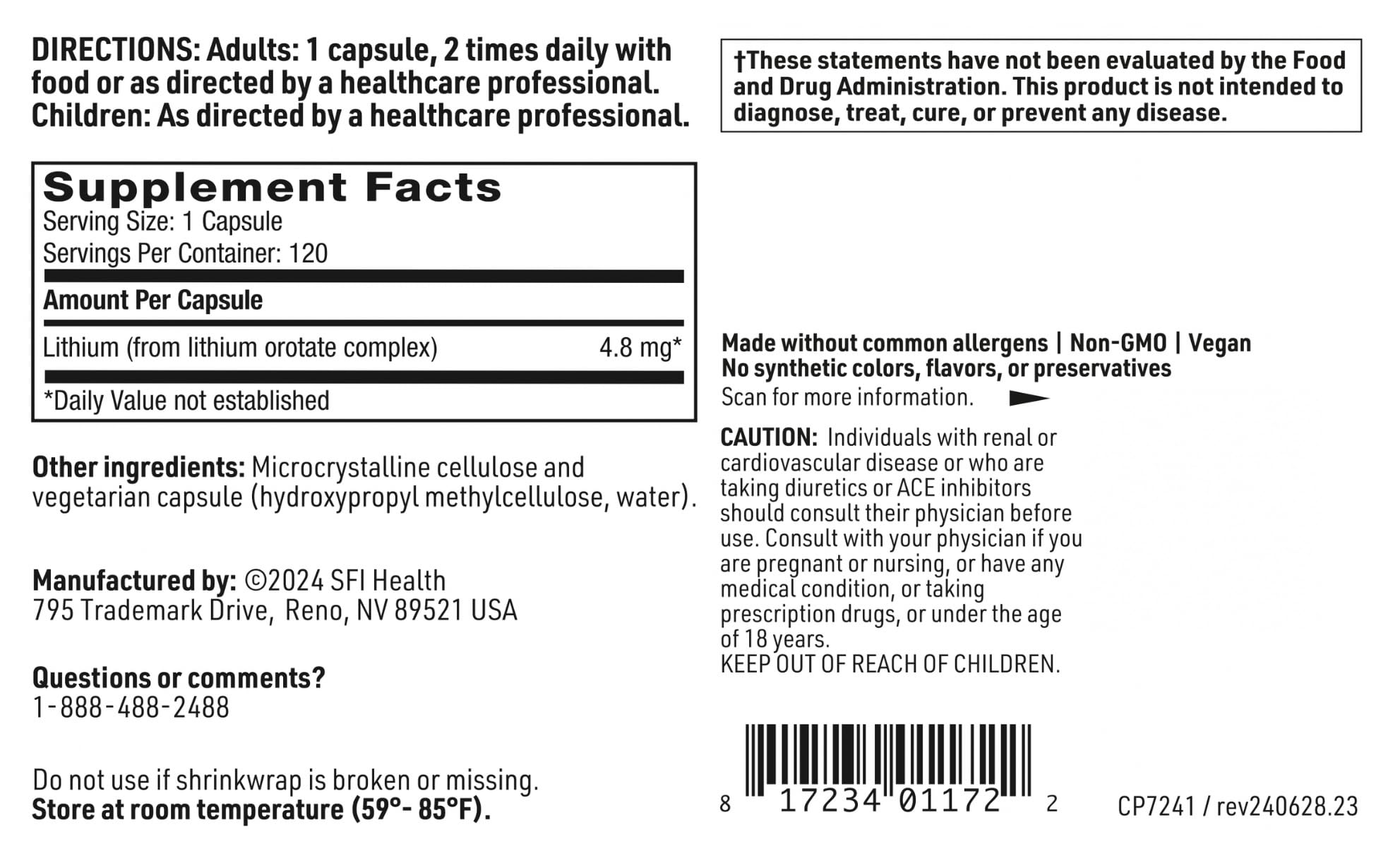 Klaire Labs SFI Health Lithium Orotate 4.8 mg - May Help Balance Mood - Bioavailable Lithium Orotate Supplement - Trace Minerals Promote Focus, Memory - TrustMedUSA