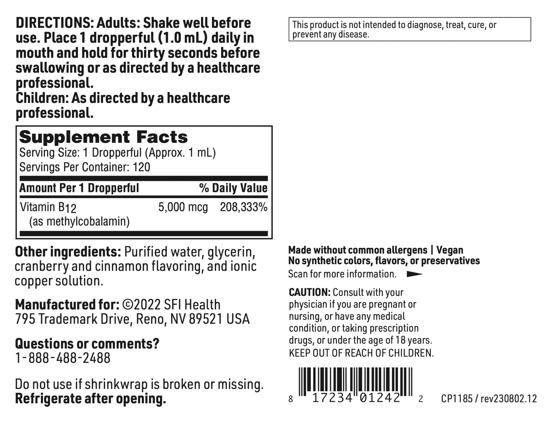 Klaire Labs SFI Health Vitamin B12 Liquid Drops 5mg - Mood & Cognitive Support from 5000mcg Active Coenzyme Methylcobalamin - Hypoallergenic (120 Servings, 4 Fluid Ounces) - TrustMedUSA
