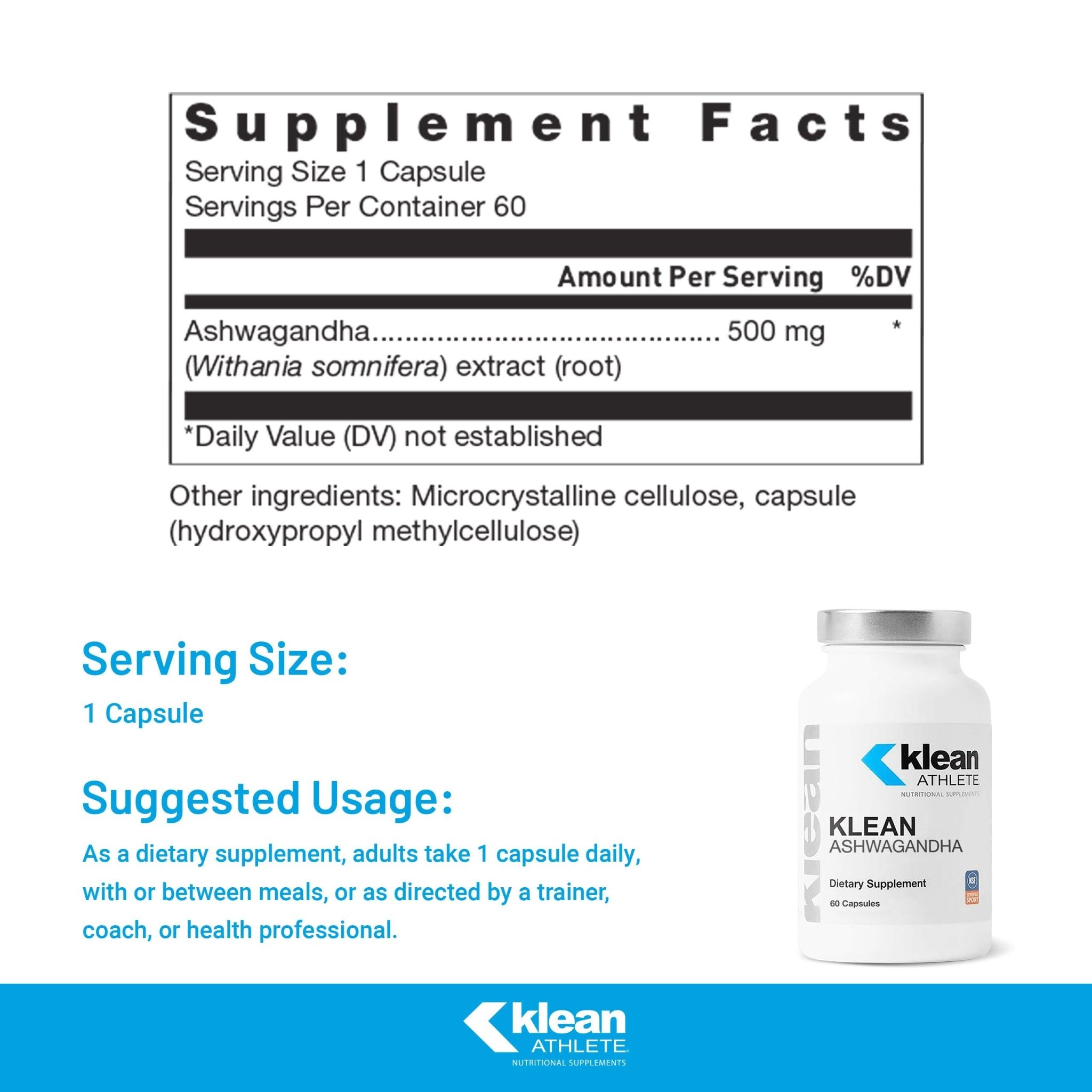 Klean Athlete Klean Ashwagandha - for Occasional Stress - Supports Adaptations to Training* - Adaptogen Blend - Vegan & Non GMO - 60 Capsules - TrustMedUSA