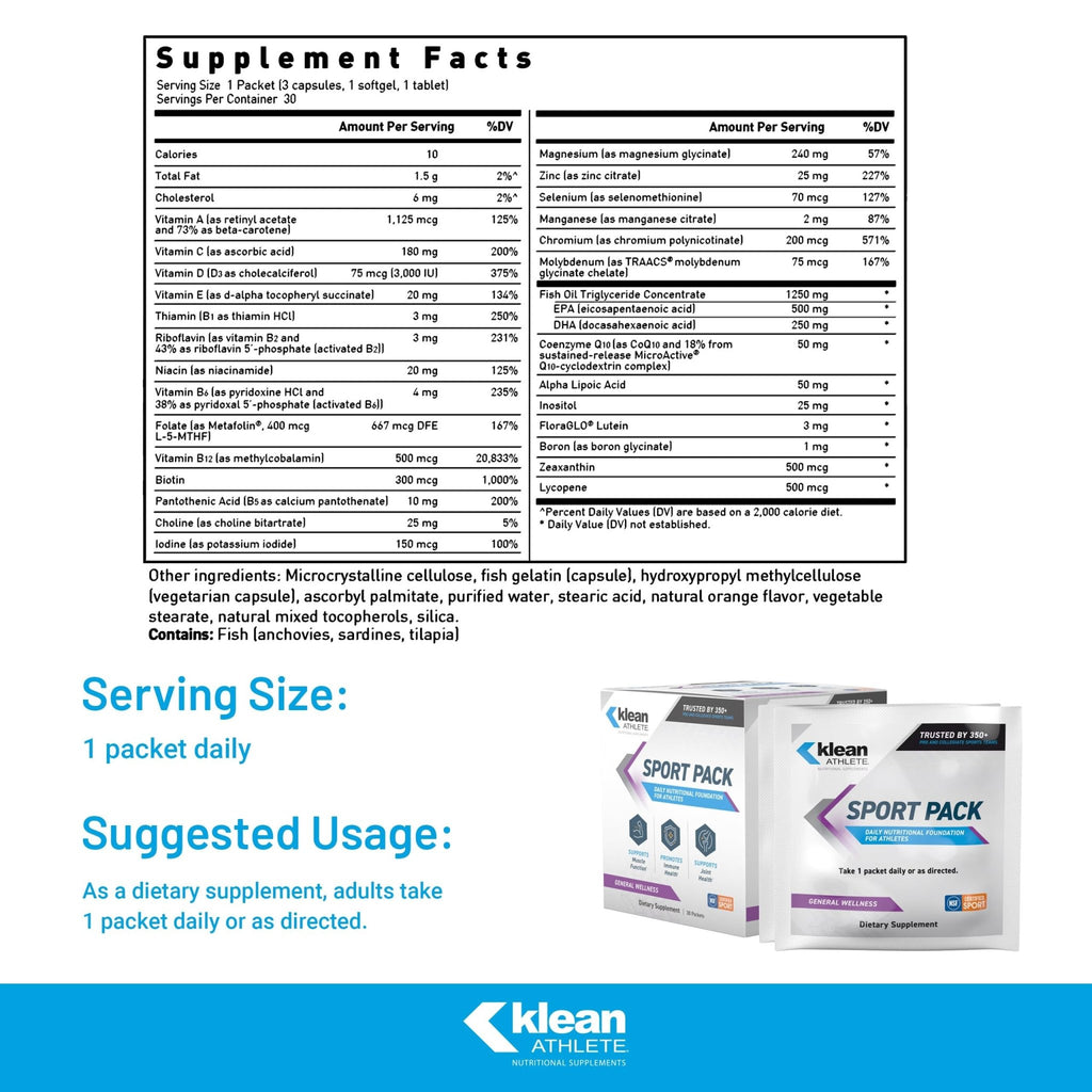 Klean Athlete Klean Sport Pack - Contains Magnesium Glycinate, Vitamin D & Omega-3 - Supports Muscle, Joint & Immune Health - NSF Certified - Daily Nutritional Supplement for Athletes - 30 Packets - TrustMedUSA