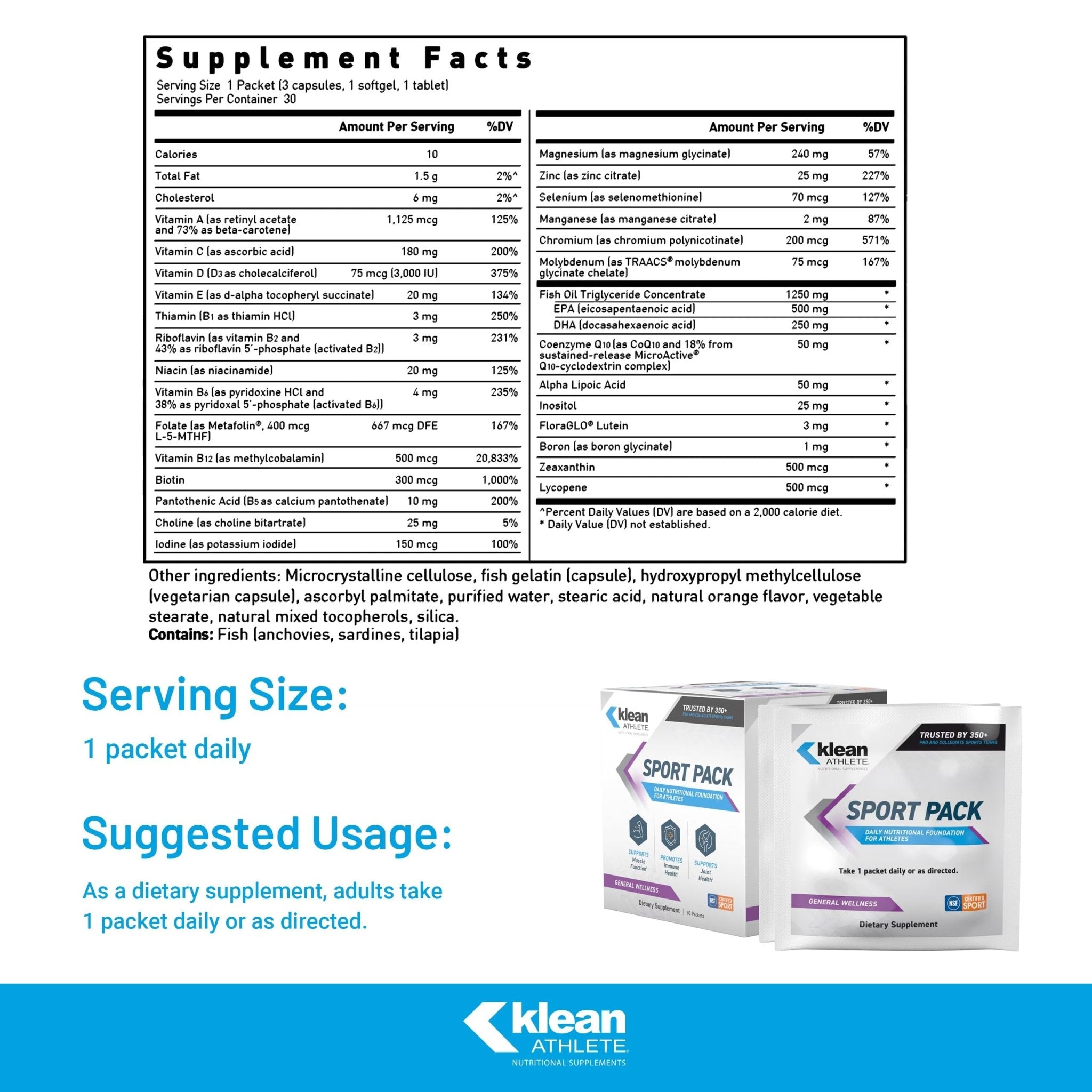 Klean Athlete Klean Sport Pack - Contains Magnesium Glycinate, Vitamin D & Omega-3 - Supports Muscle, Joint & Immune Health - NSF Certified - Daily Nutritional Supplement for Athletes - 30 Packets - TrustMedUSA