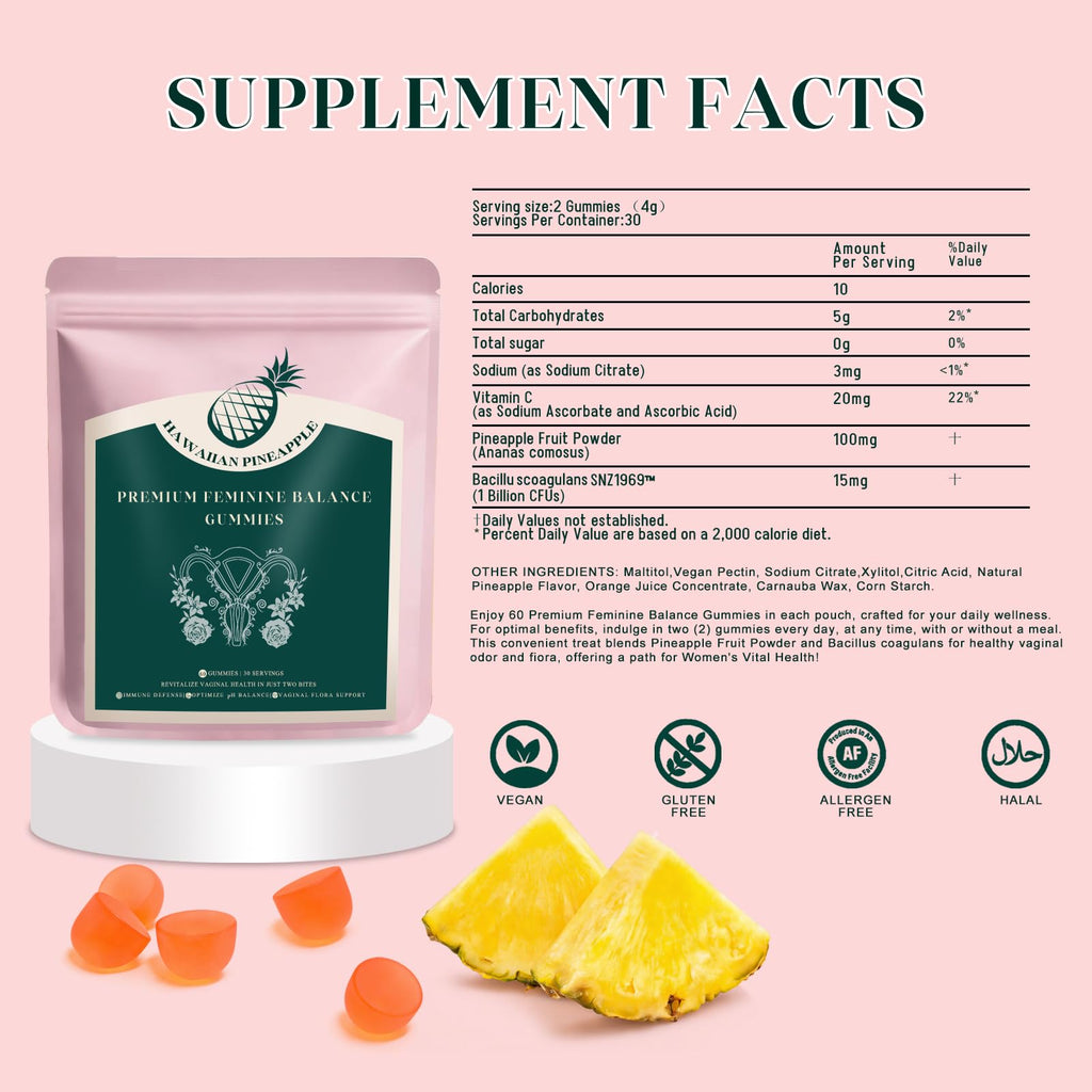 KLKIT Premium Feminine Balance Gummies, Pineapple Vaginal Probiotics for Women, pH Balance Feminine Gummies for Immune Support, Vegan & Gluten Free, 60 Count (30 Servings) - TrustMedUSA