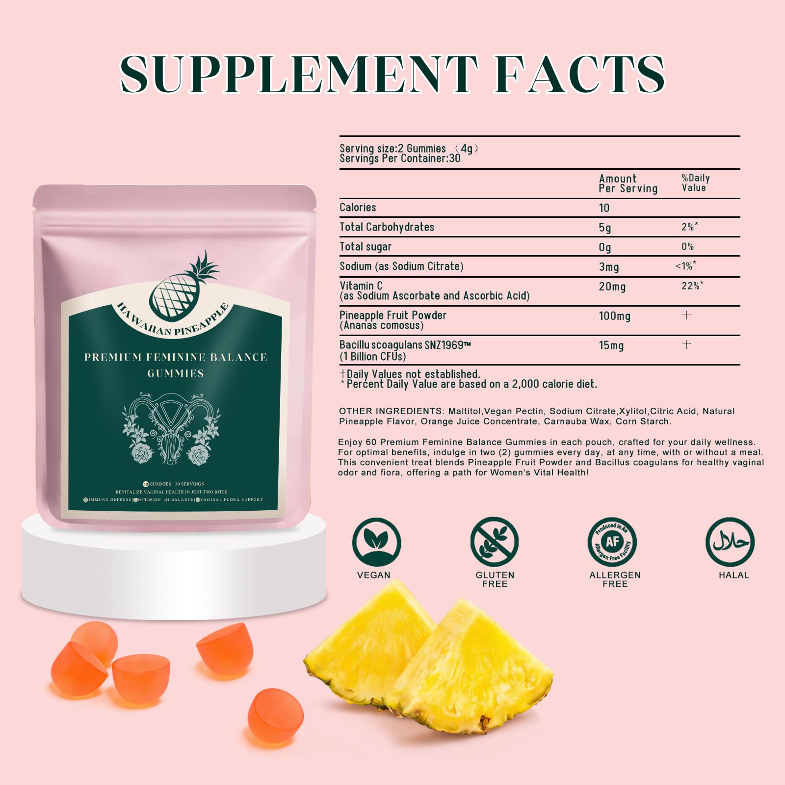 KLKIT Premium Feminine Balance Gummies, Pineapple Vaginal Probiotics for Women, pH Balance Feminine Gummies for Immune Support, Vegan & Gluten Free, 60 Count (30 Servings) - TrustMedUSA