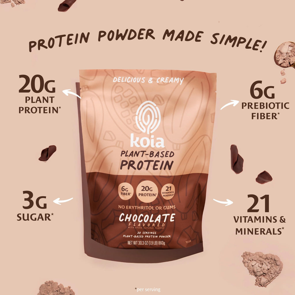 Koia Plant Based Protein Powder, Chocolate, 20g Protein, 3g Sugar, 6g Prebiotic Fiber, Pre & Post Workout, 21 Vitamins & Minerals, No Seed Oils, Dairy-Free, Gluten-Free, Non-GMO, 20 Servings, 30.3 Oz - Maple Wellness Supplements