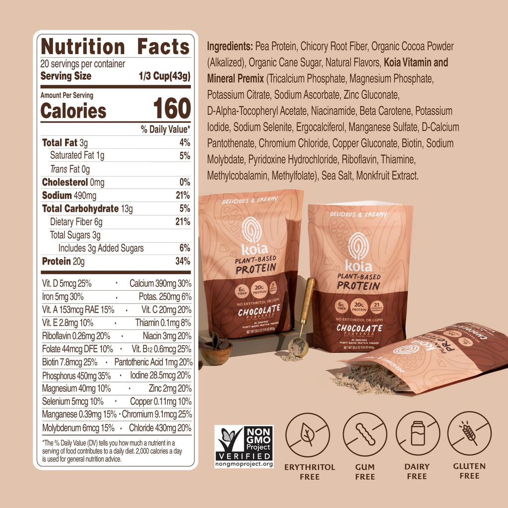 Koia Plant Based Protein Powder, Chocolate, 20g Protein, 3g Sugar, 6g Prebiotic Fiber, Pre & Post Workout, 21 Vitamins & Minerals, No Seed Oils, Dairy-Free, Gluten-Free, Non-GMO, 20 Servings, 30.3 Oz - Maple Wellness Supplements