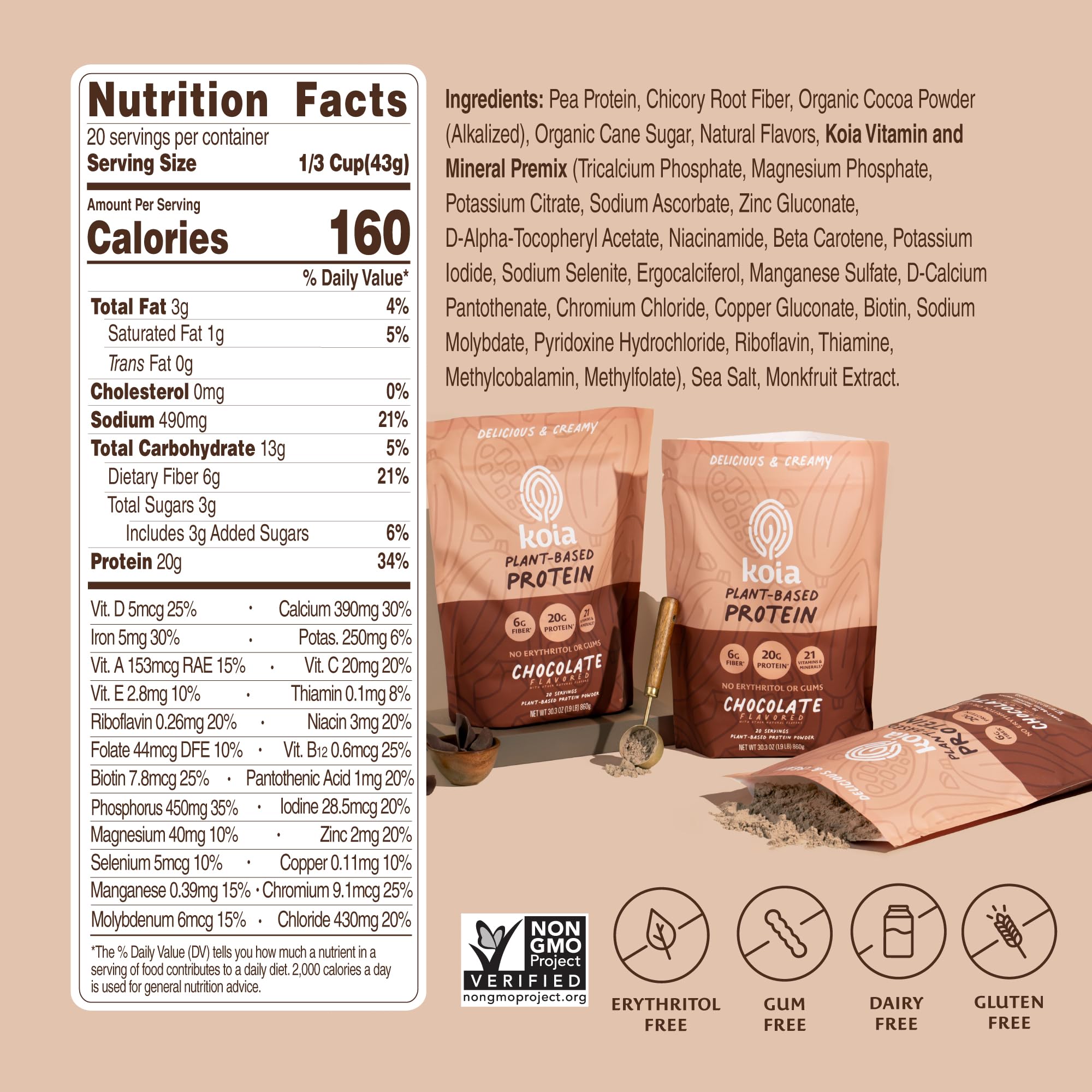 Koia Plant Based Protein Powder, Chocolate, 20g Protein, 3g Sugar, 6g Prebiotic Fiber, Pre & Post Workout, 21 Vitamins & Minerals, No Seed Oils, Dairy-Free, Gluten-Free, Non-GMO, 20 Servings, 30.3 Oz - Maple Wellness Supplements