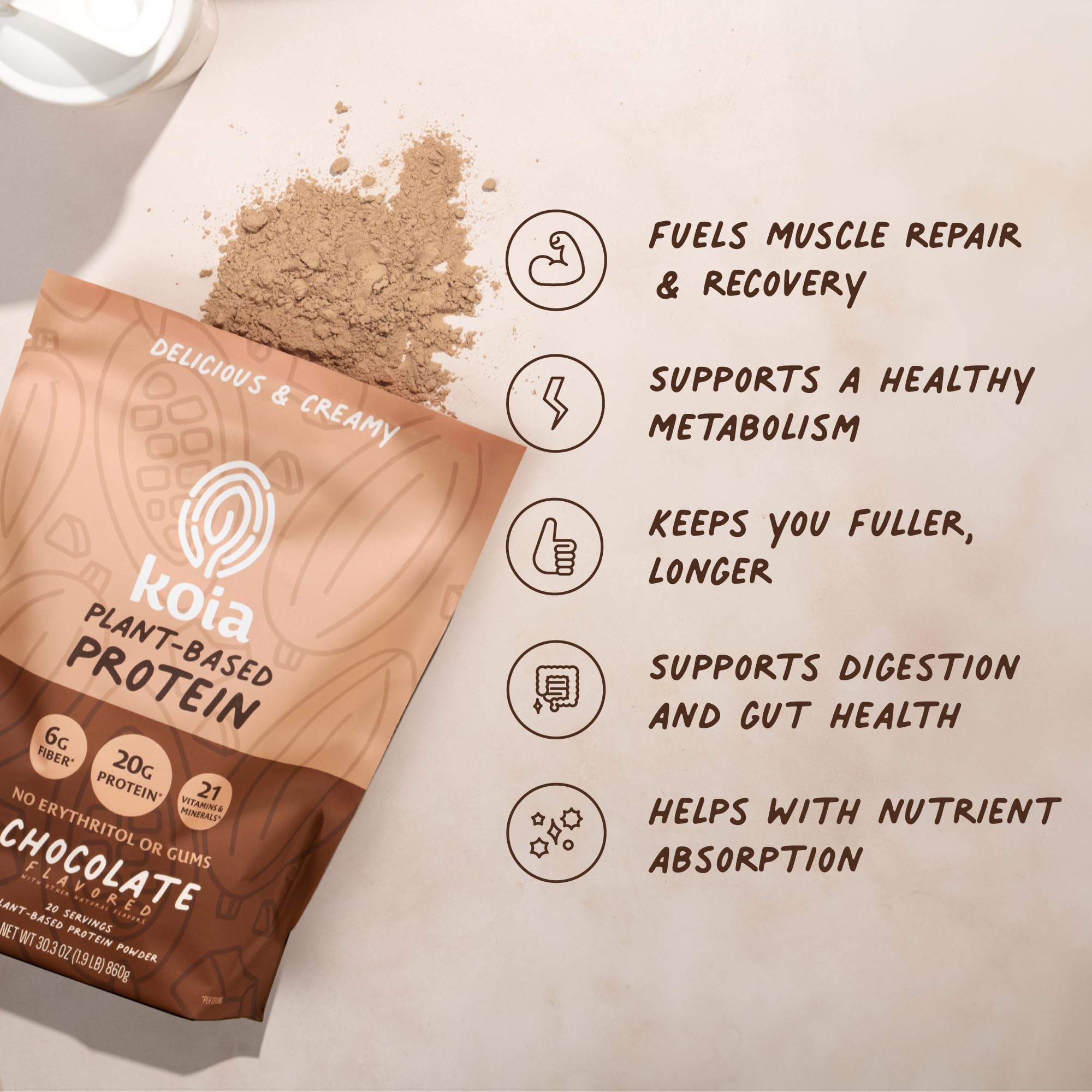 Koia Plant Based Protein Powder, Chocolate, 20g Protein, 3g Sugar, 6g Prebiotic Fiber, Pre & Post Workout, 21 Vitamins & Minerals, No Seed Oils, Dairy-Free, Gluten-Free, Non-GMO, 20 Servings, 30.3 Oz - Maple Wellness Supplements