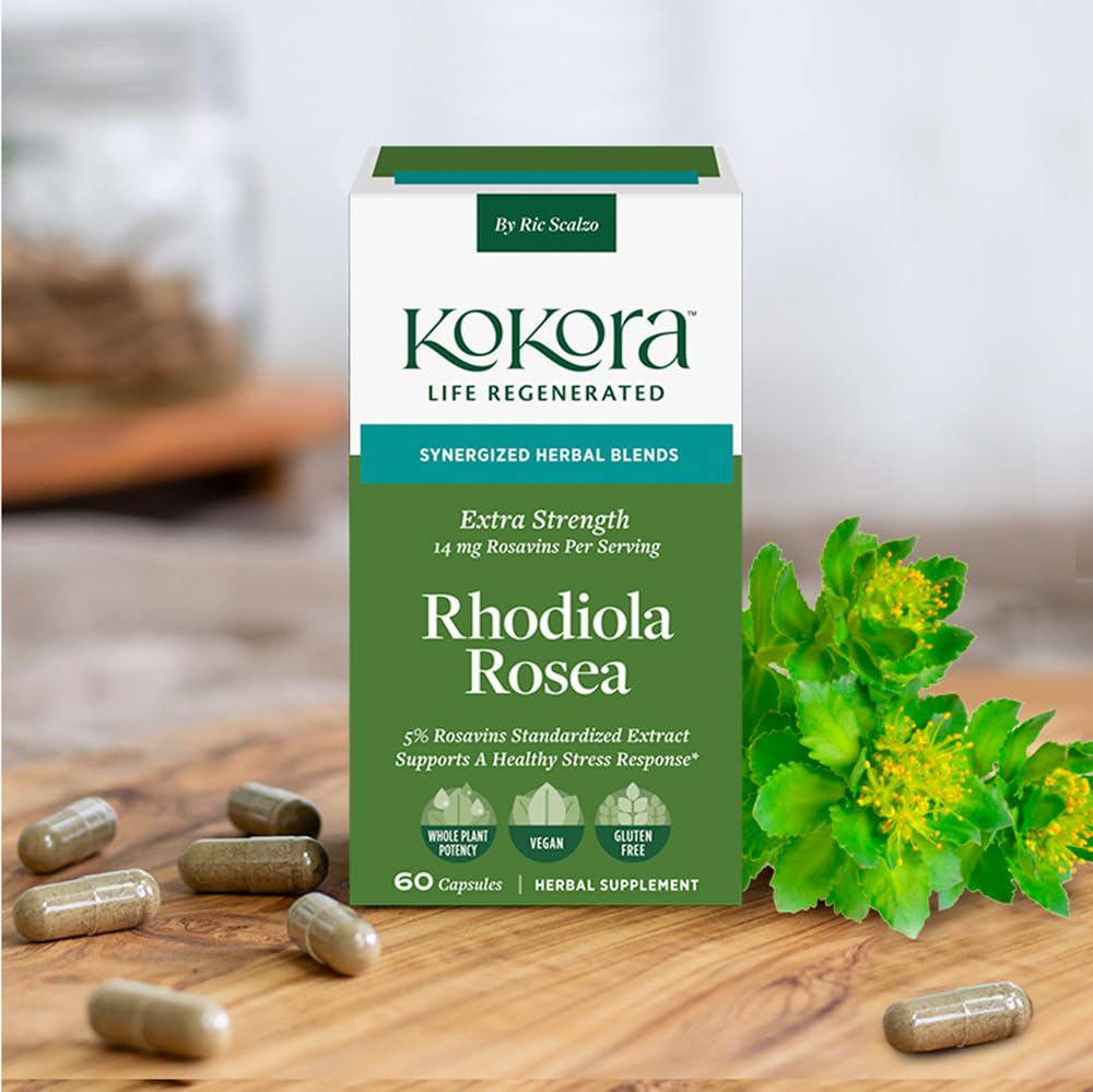 kokora Extra Strength Rhodiola Rosea – Stress Relief, Endurance & Promotes Mental & Physical Performance* - with Siberian Rhodiola, Rosavins, Organic Holy Basil - Vegan, Non-GMO - 60 Capsules - TrustMedUSA