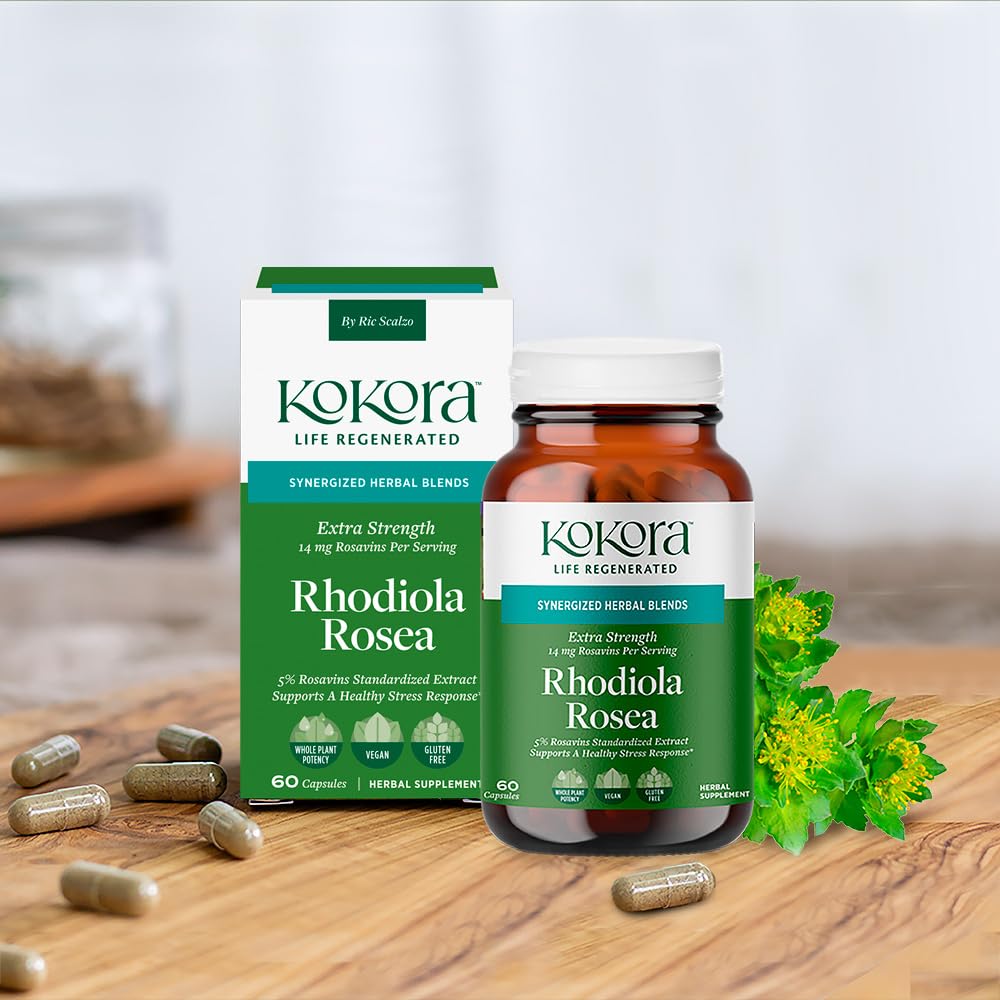 kokora Extra Strength Rhodiola Rosea – Stress Relief, Endurance & Promotes Mental & Physical Performance* - with Siberian Rhodiola, Rosavins, Organic Holy Basil - Vegan, Non-GMO - 60 Capsules - TrustMedUSA