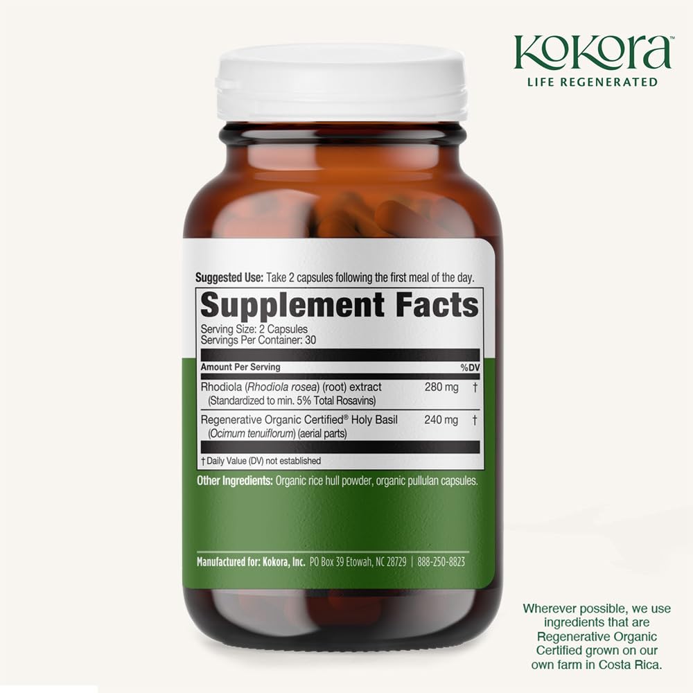 kokora Extra Strength Rhodiola Rosea – Stress Relief, Endurance & Promotes Mental & Physical Performance* - with Siberian Rhodiola, Rosavins, Organic Holy Basil - Vegan, Non-GMO - 60 Capsules - TrustMedUSA