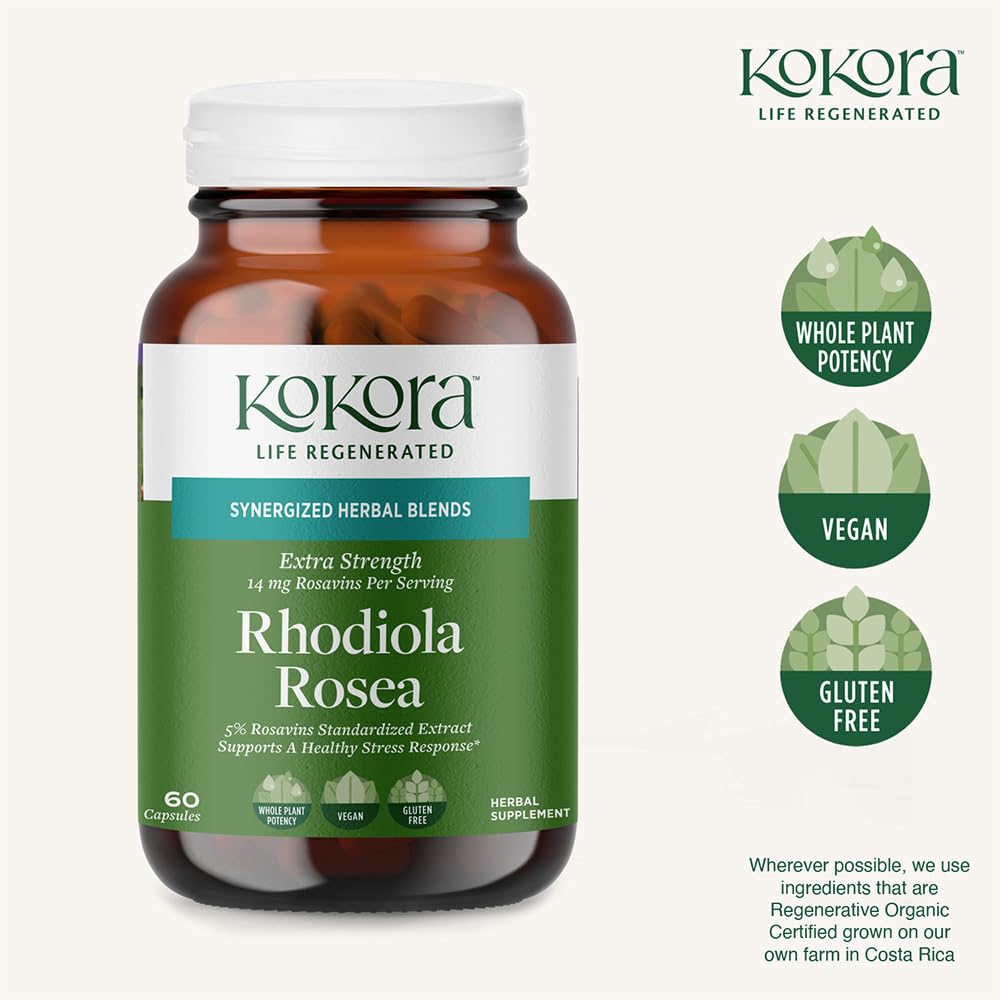 kokora Extra Strength Rhodiola Rosea – Stress Relief, Endurance & Promotes Mental & Physical Performance* - with Siberian Rhodiola, Rosavins, Organic Holy Basil - Vegan, Non-GMO - 60 Capsules - TrustMedUSA