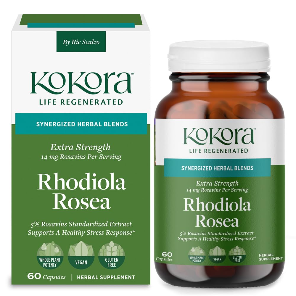 kokora Extra Strength Rhodiola Rosea – Stress Relief, Endurance & Promotes Mental & Physical Performance* - with Siberian Rhodiola, Rosavins, Organic Holy Basil - Vegan, Non-GMO - 60 Capsules - TrustMedUSA