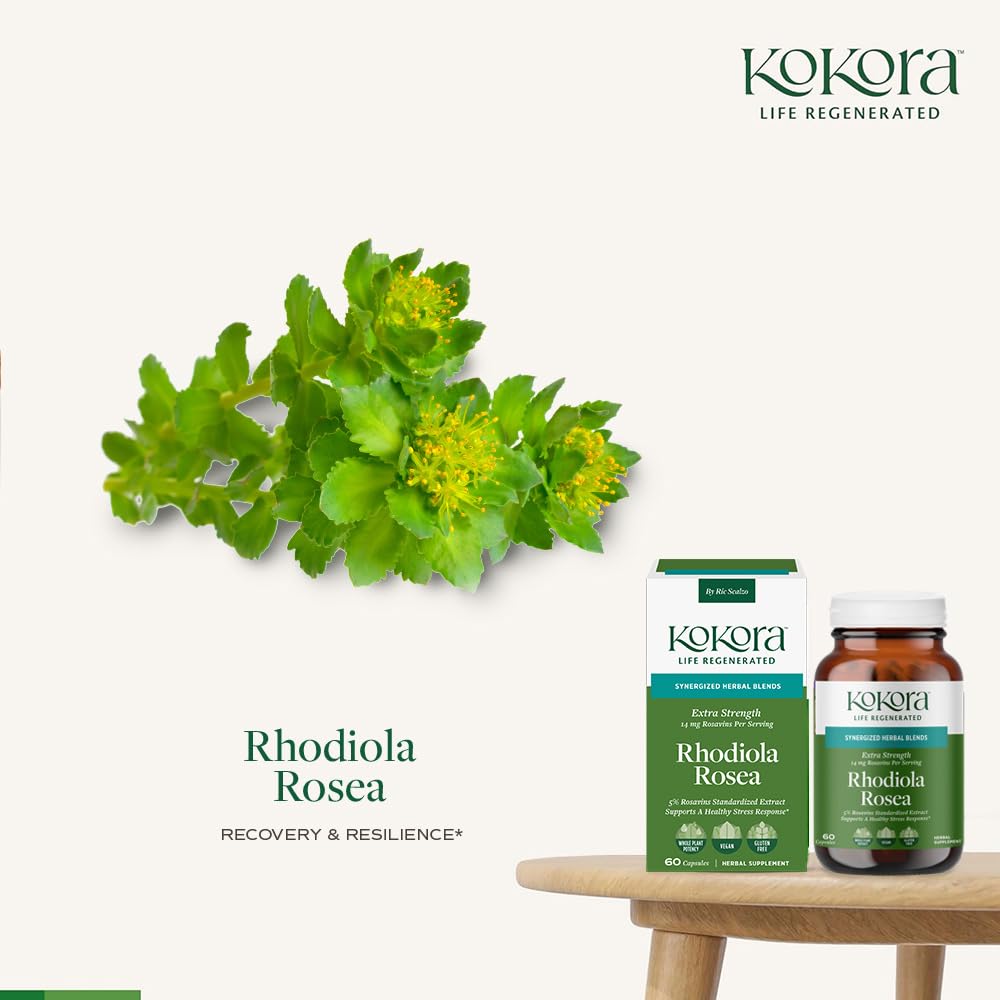 kokora Extra Strength Rhodiola Rosea – Stress Relief, Endurance & Promotes Mental & Physical Performance* - with Siberian Rhodiola, Rosavins, Organic Holy Basil - Vegan, Non-GMO - 60 Capsules - TrustMedUSA