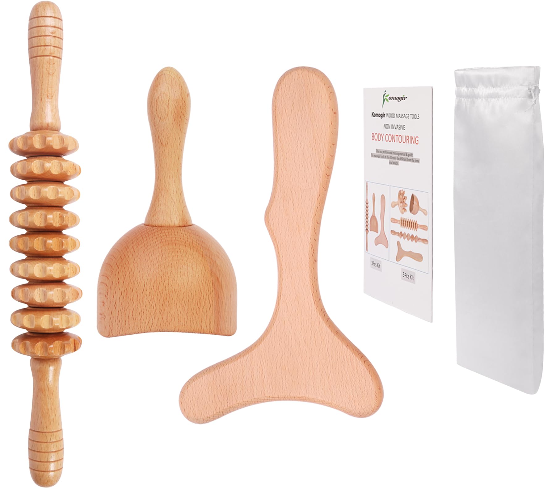 Komogir 3-in-1 Wood Therapy Massage Tools Lymphatic Drainage Massager Wooden Massager for Maderoterapia,Anti-Cellulite, Body Sculpting & Contouring - Maple Wellness Supplements