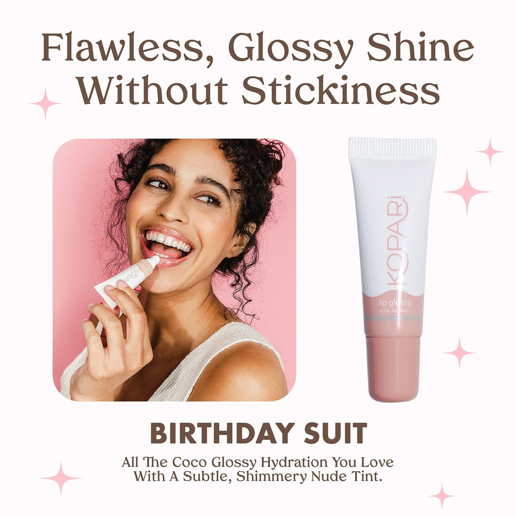 Kopari Coconut Lip Glossy | Nude Tint Birthday Suit | Vegan Hydrating Moisturizing Lip Oil Vitamin E Shea Butter Long Wear High Shine Non Sticky | Clean Plant Based Non Toxic Balm Paraben Free - TrustMedUSA