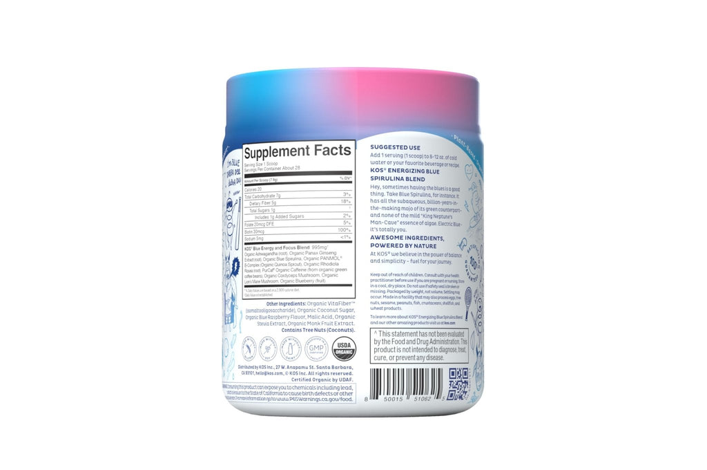 KOS Energizing Blue Spirulina Blend - USDA Certified Organic - B Vitamins, Ashwagandha, Ginseng, Adaptogens, Biotin - Vegan Pre Workout Powder - Caffeinated, Berry Flavored, 28 Servings - Maple Wellness Supplements