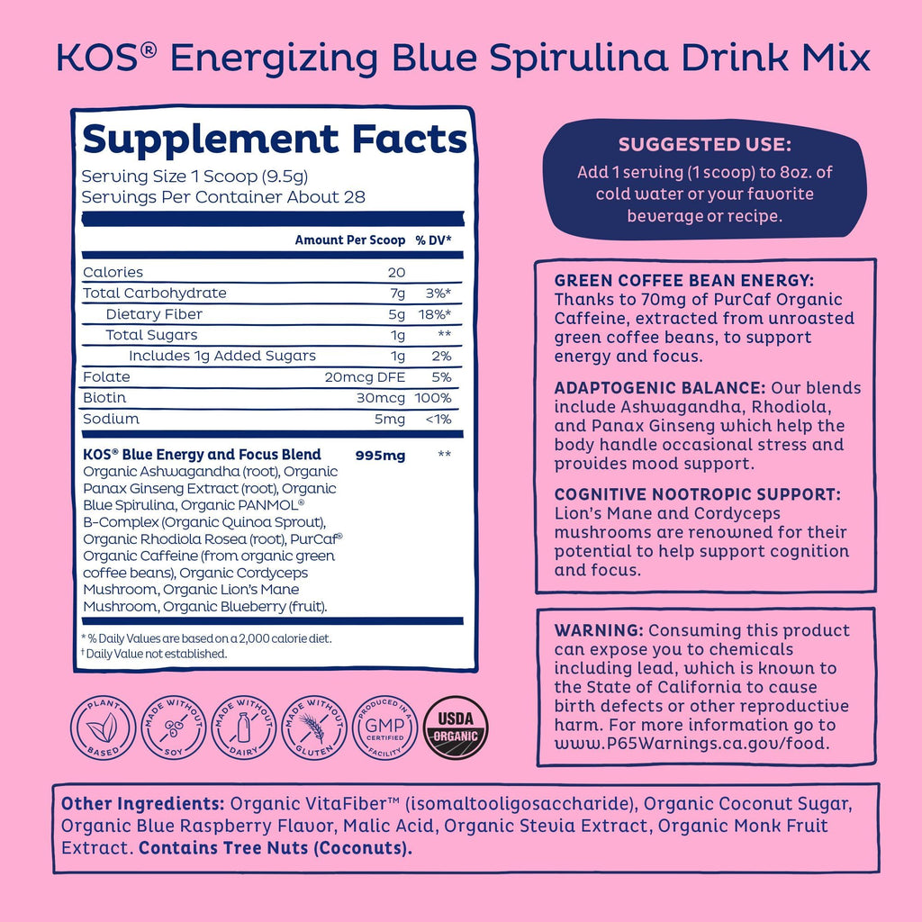 KOS Energizing Blue Spirulina Blend - USDA Certified Organic - B Vitamins, Ashwagandha, Ginseng, Adaptogens, Biotin - Vegan Pre Workout Powder - Caffeinated, Berry Flavored, 28 Servings - Maple Wellness Supplements