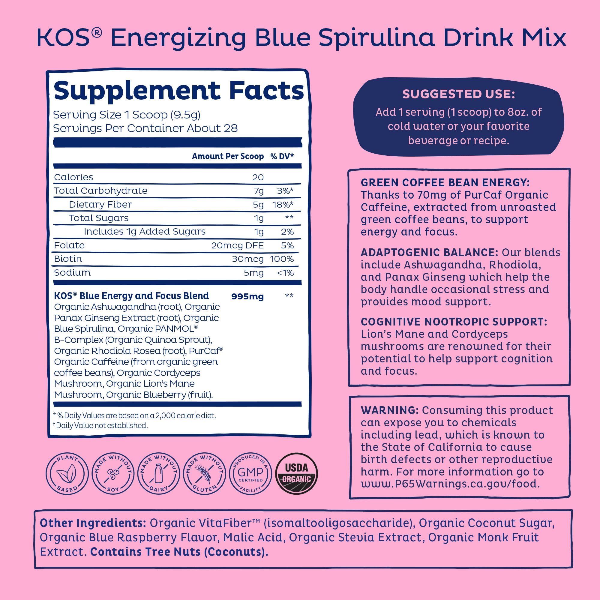 KOS Energizing Blue Spirulina Blend - USDA Certified Organic - B Vitamins, Ashwagandha, Ginseng, Adaptogens, Biotin - Vegan Pre Workout Powder - Caffeinated, Berry Flavored, 28 Servings - Maple Wellness Supplements