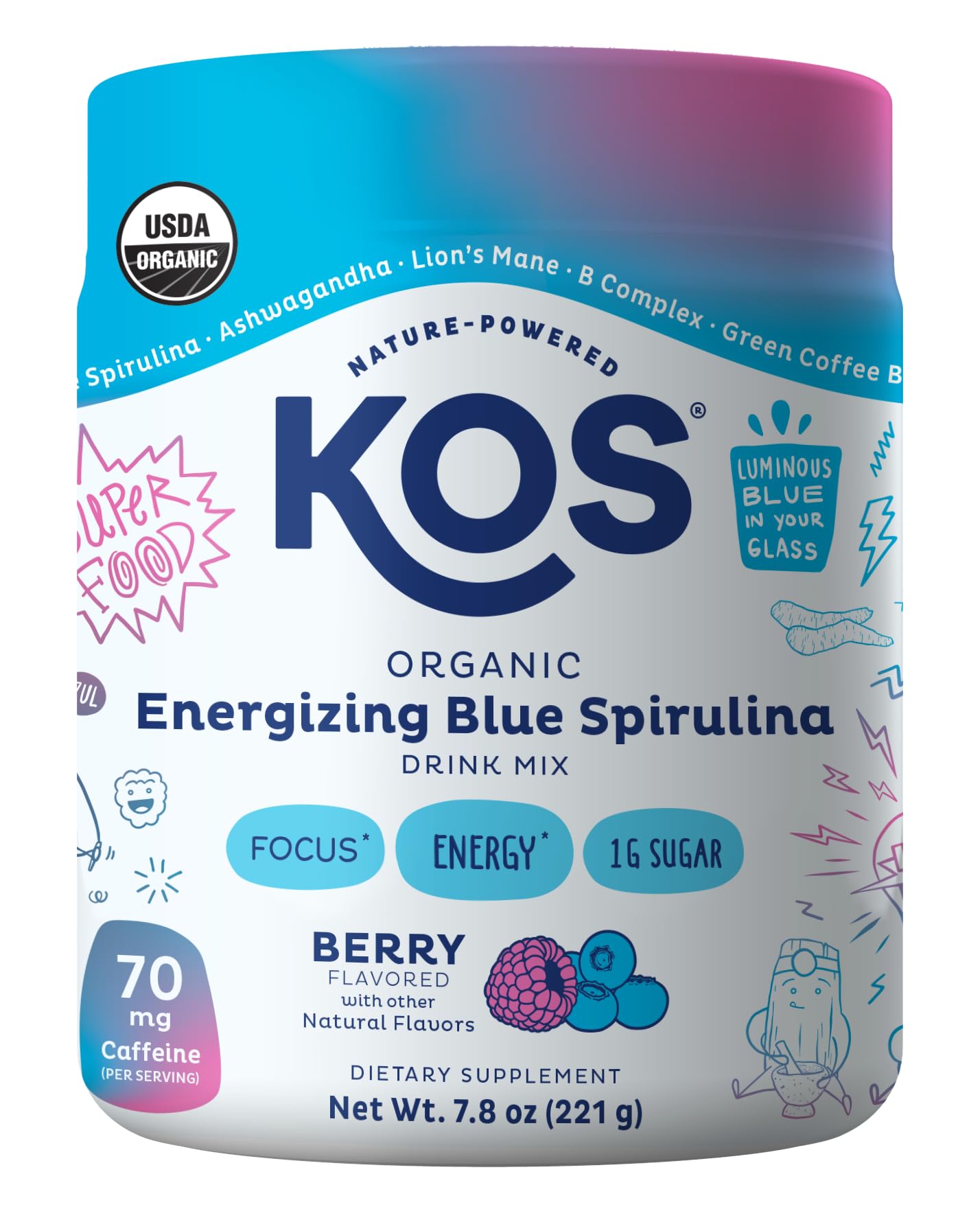 KOS Energizing Blue Spirulina Blend - USDA Certified Organic - B Vitamins, Ashwagandha, Ginseng, Adaptogens, Biotin - Vegan Pre Workout Powder - Caffeinated, Berry Flavored, 28 Servings - Maple Wellness Supplements