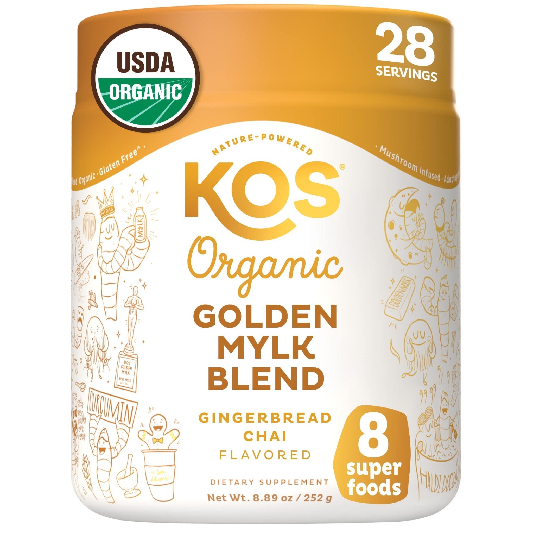 KOS Golden Mylk with Tumeric and Ginger, Organic Superfood Latte Powder, Adaptogen Mushroom Blend - Coffee Creamer, Dessert & Smoothie - Caffeine Free, Vegan, Dairy-Free, Gingerbread Chai, 28 Servings - Maple Wellness Supplements