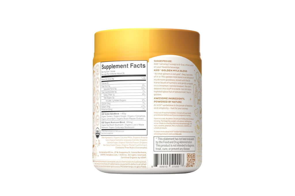 KOS Golden Mylk with Tumeric and Ginger, Organic Superfood Latte Powder, Adaptogen Mushroom Blend - Coffee Creamer, Dessert & Smoothie - Caffeine Free, Vegan, Dairy-Free, Gingerbread Chai, 28 Servings - Maple Wellness Supplements