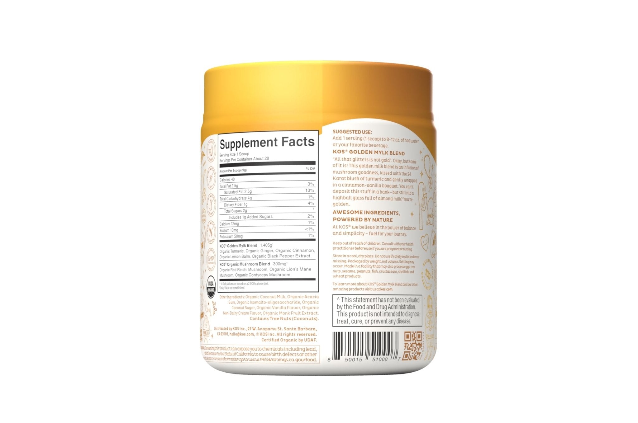 KOS Golden Mylk with Tumeric and Ginger, Organic Superfood Latte Powder, Adaptogen Mushroom Blend - Coffee Creamer, Dessert & Smoothie - Caffeine Free, Vegan, Dairy-Free, Gingerbread Chai, 28 Servings - Maple Wellness Supplements