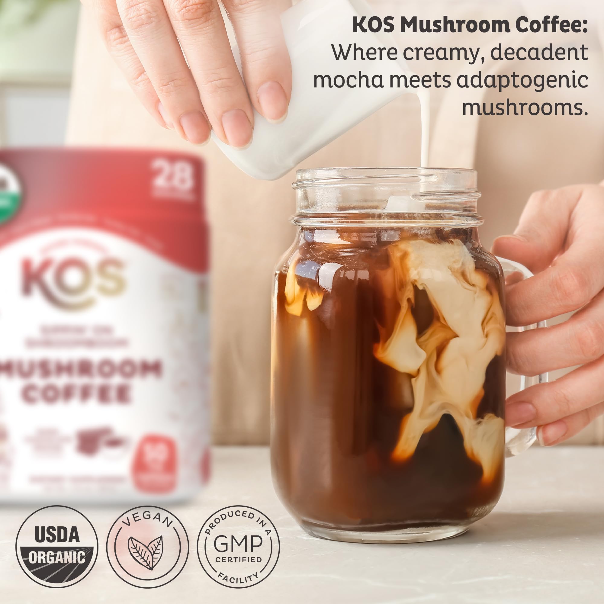 KOS Mushroom Coffee - USDA Certified Organic - Dark Chocolate Mocha Flavor - Mushroom Coffee Latte Powder with Reishi, Cordyceps, Lion's Mane, Chaga & Turkey Tail Mushrooms - Maple Wellness Supplements